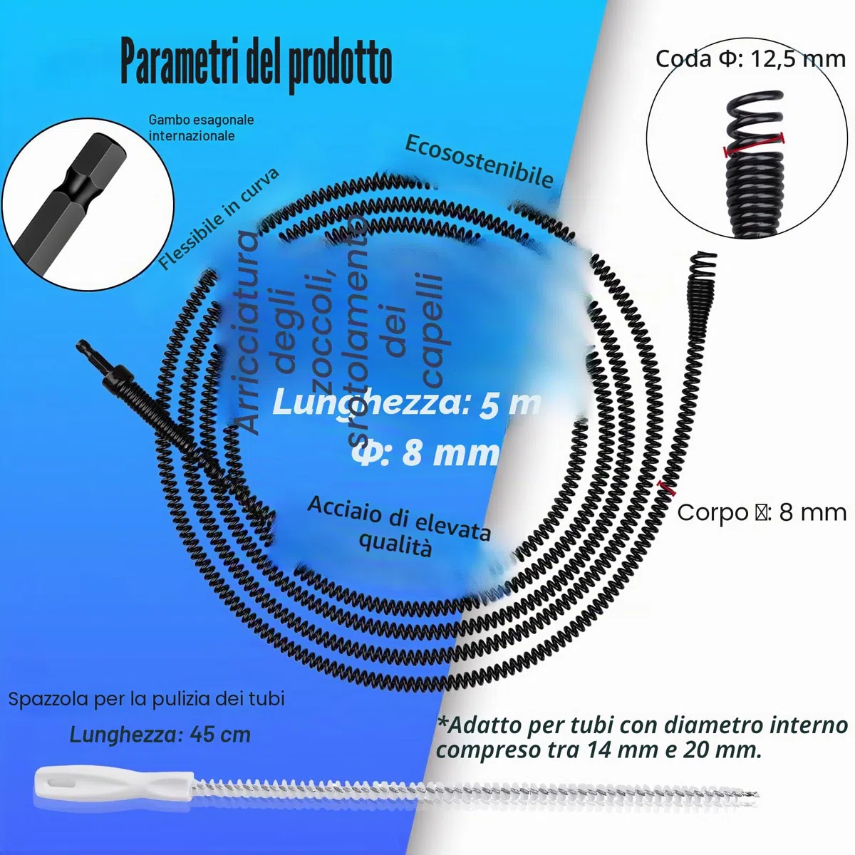 Spirale per la pulizia dei tubi, Ø 8 mm, in acciaio a molla, per tubi di scarico a spirale, per blocchi ostinati, processo di elettroforesi (8mm, 5m)
