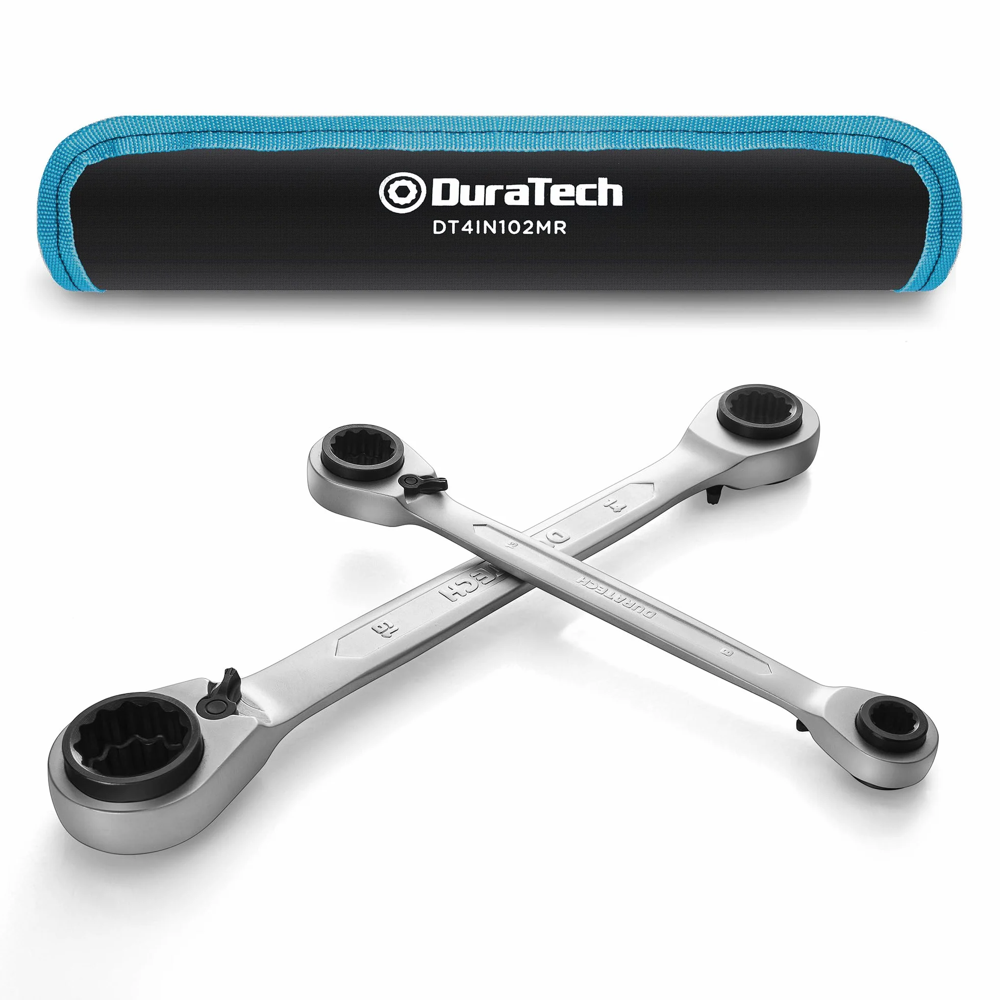 Duratech Set di 2 chiavi a cricchetto reversibile 4 in 1, 8 - 19 mm, chiavi a cricchetto a doppio anello metriche, 72 denti, in acciaio al cromo vanadio, con astuccio arrotolabile