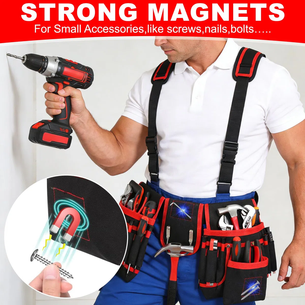 Cintura porta attrezzi Borsa da Cintura Con 26 tasche, Borse Porta Attrezzi Magnetiche per Uomo, Borse da Cintura Rimovibili Borsa Porta Attrezzi