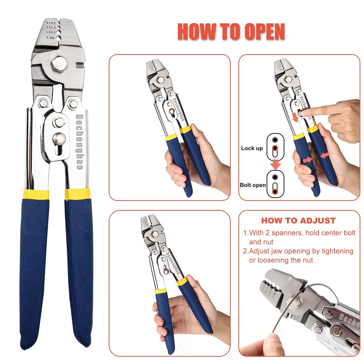 Pinza per crimpare lenze da pesca fino a 2,2 mm, in acciaio inox resistente