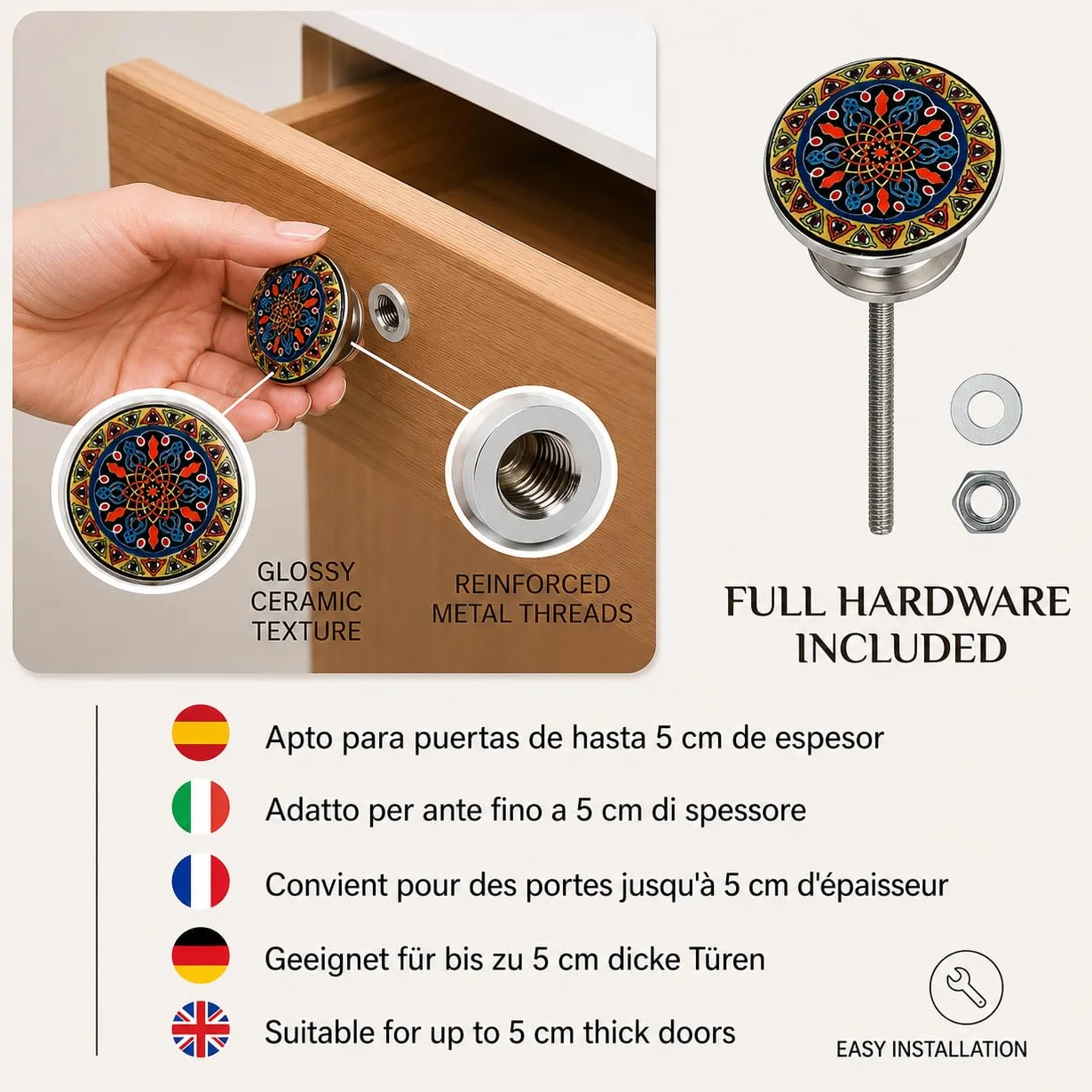 Set di 10 pomelli in ceramica con diversi disegni floreali vintage, dipinti a mano. Maniglie artigianali per armadi, cassetti, cassettiere e appendiabiti. Pomelli classici da 40 mm di diametro.