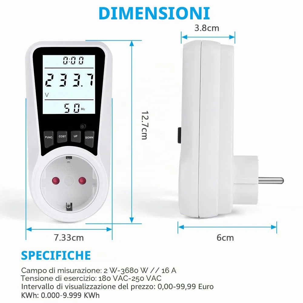 Flintronic Misuratore Consumo Elettrico, Misuratore di Potenza con 16A/3680W Protezione da Sovraccarico, 7 Modalità di Monitoraggio, con display LCD retroilluminato, Wattmetro Misura Consumo