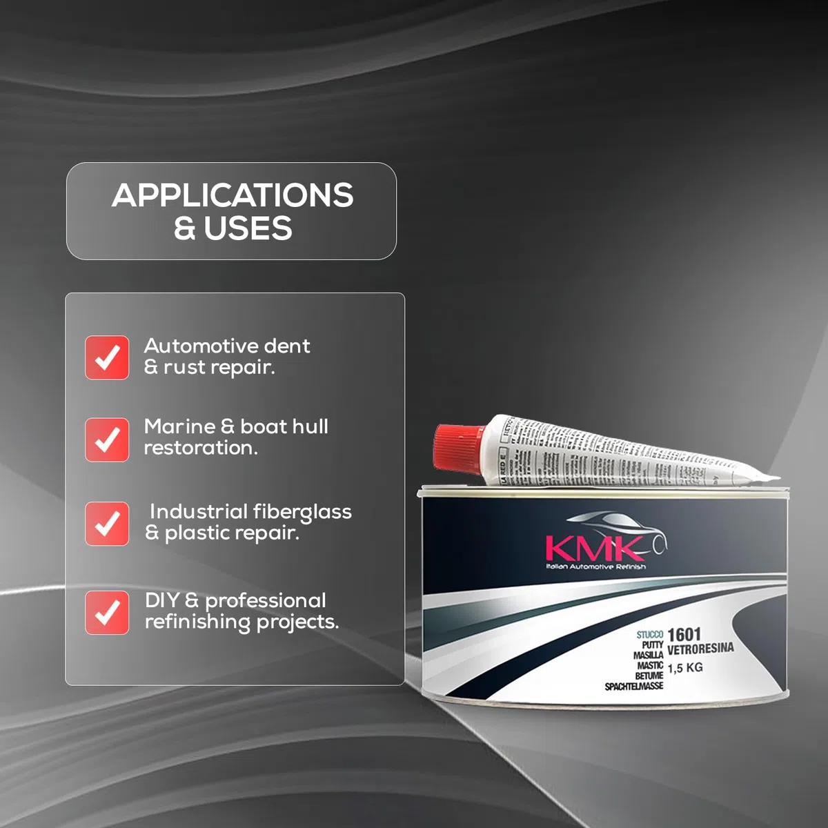 Stucco vetroresina con indurente 1,5 KG KMK | Rinforzato con fibre di vetro | Professionale per carrozzeria