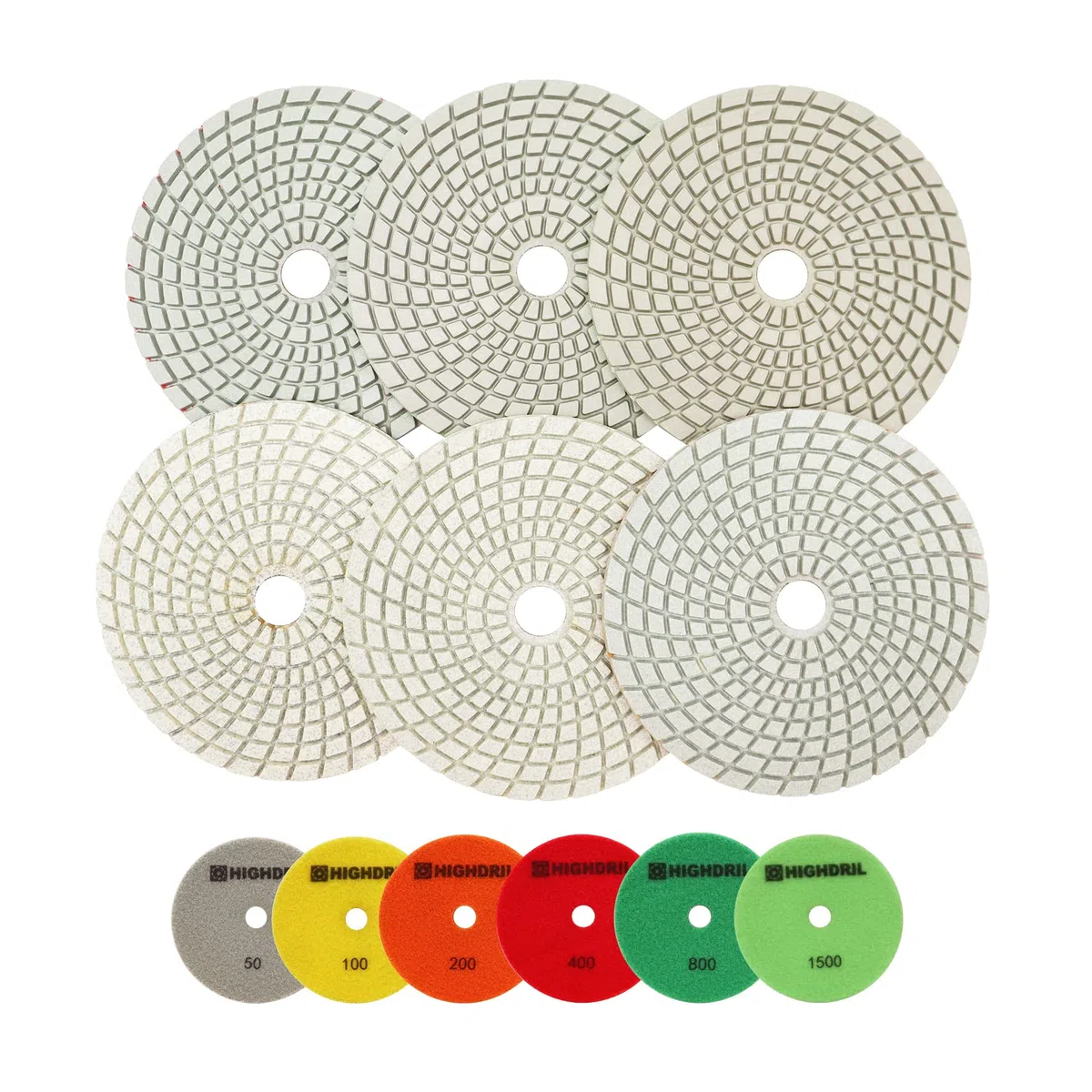 HIGHDRIL - Dischetti diamantati per lucidatura, 6 pezzi, 125 mm (#50+#100+#200+#400+#800+#1500), per smerigliatrice o lucidatrice per granito e marmo