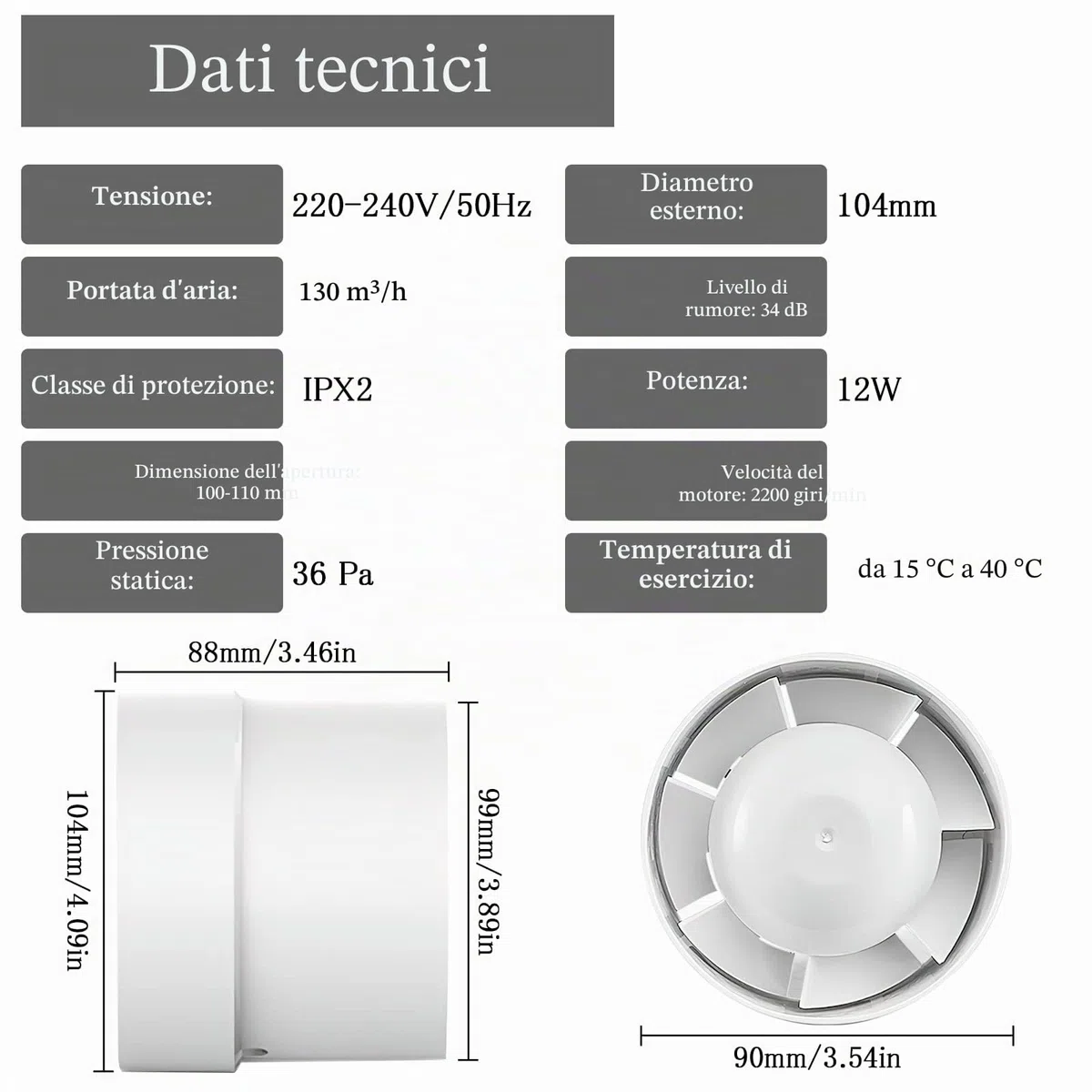 TNSLAND Ventilatore a canale 100 mm in linea, 107 m³/h, di alta qualità, silenzioso, scarico fumo, Ventola Estrazione Aria, 100 mm, per bagno, WC, cucina, serra, garage