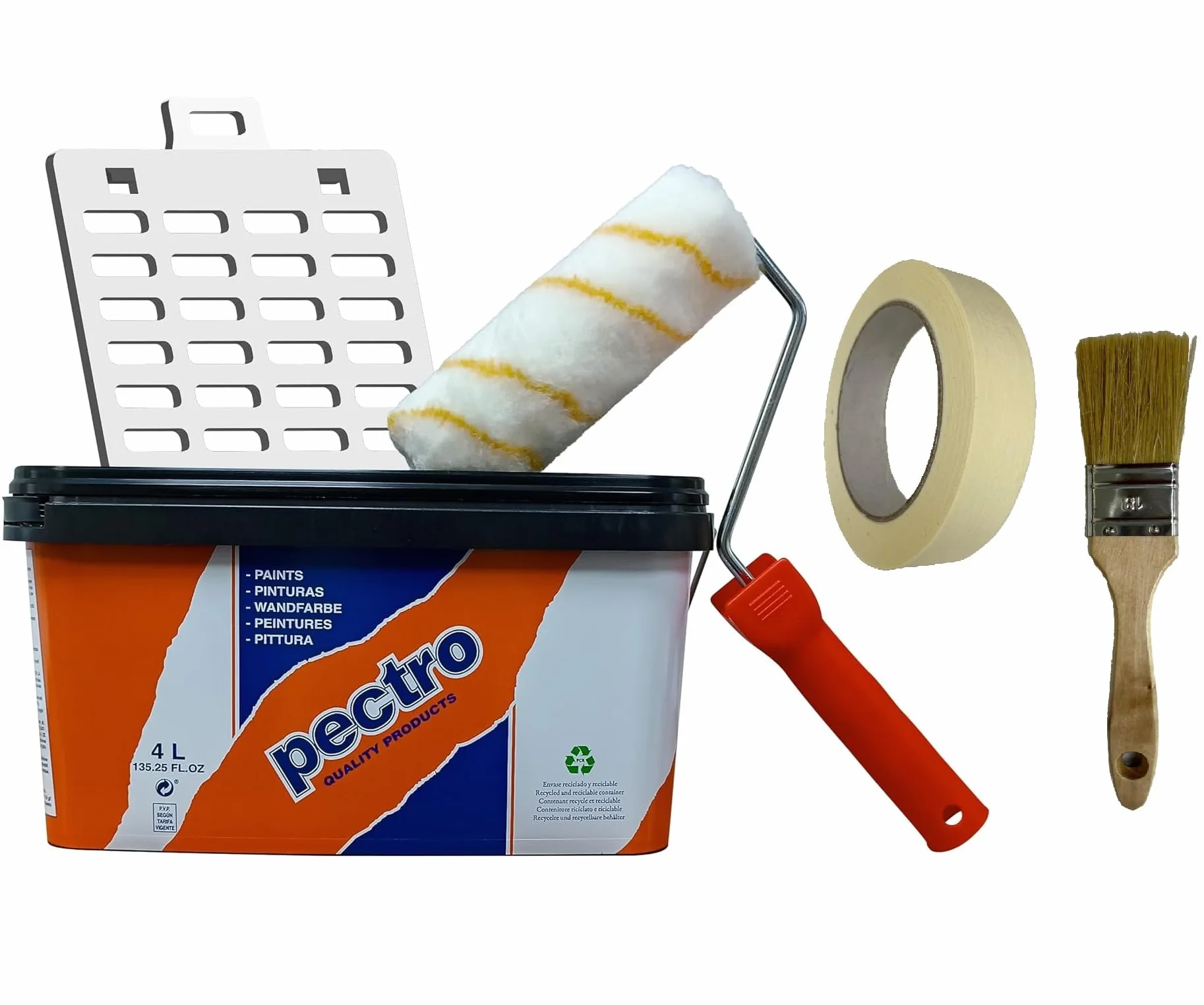 PECTRO Set Pittura Bianca per Interni ed Esterni 6,6kg (4L) con rullo, pennello, griglia e nastro in carta | Set Pittura per Interni Lavabile per Pareti e Soffitti - Contenitore in plastica riciclata