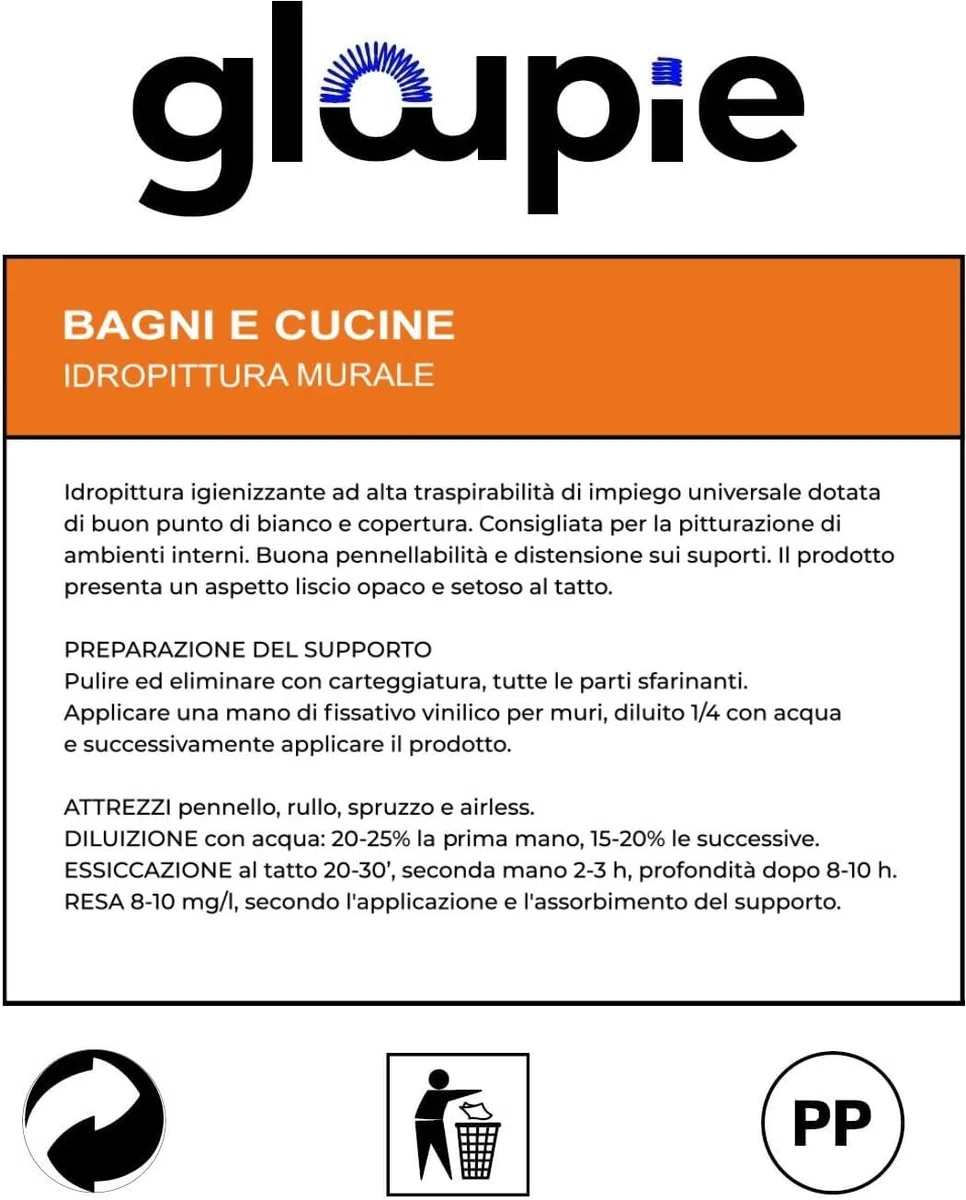 GLOUPIE BAGNI E CUCINE Pittura All'Acqua Traspirante Per Pareti Di Bagno E Cucina, 5 Litri, Bianco, Made In Italy