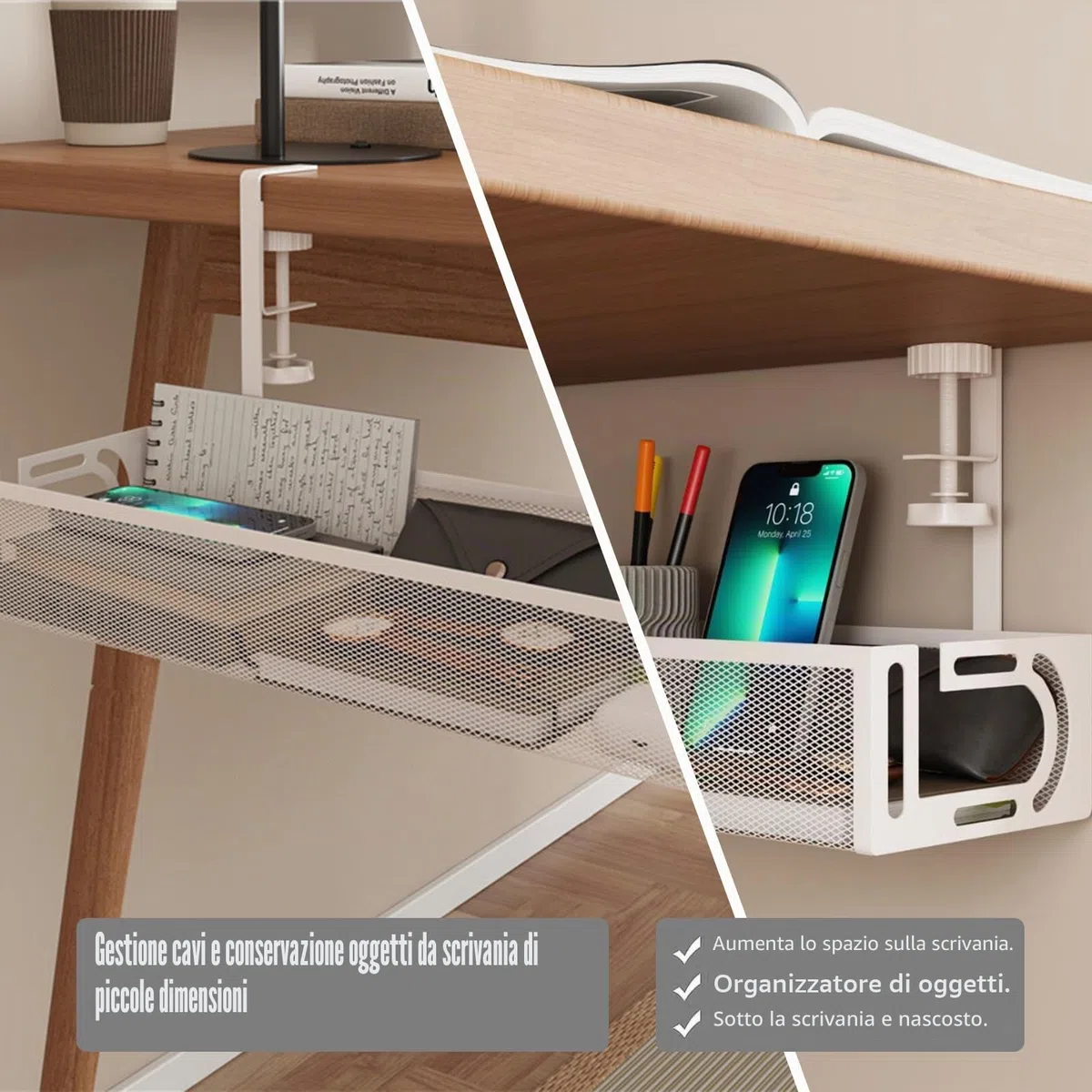porta cavi scrivania,wire organizer for desk,Vassoio Per La Gestione Dei Cavi Sotto La Scrivania, Organizer Per Cavi Senza Trapano, Scatola di Gestione dei Cavi da Scrivania BIANCO 1 PACK