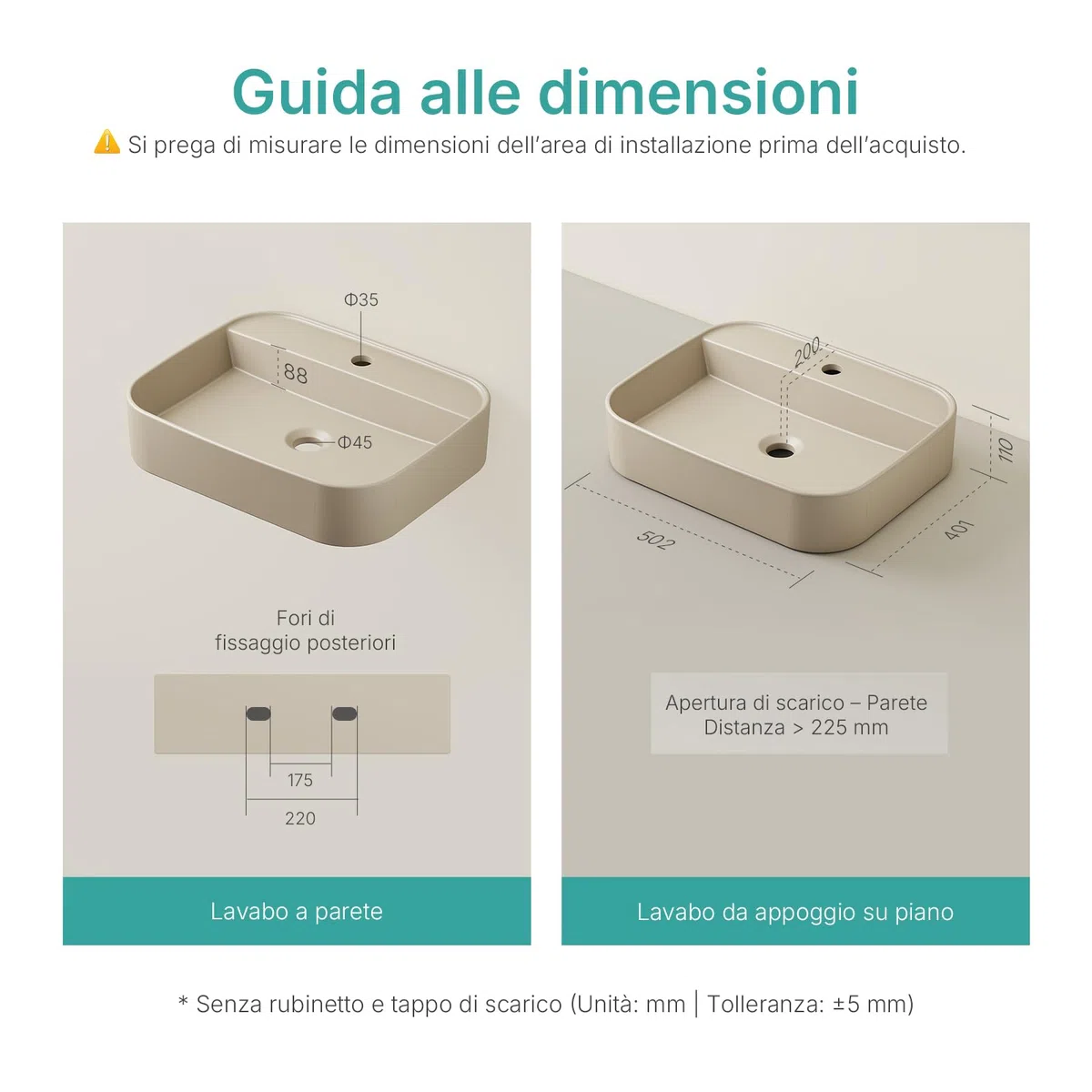 EMKE Lavabo da Appoggio e Sospeso 50 x 40 x 11 cm, Lavandino Rettangolare in Ceramica Beige opaco con Angoli Arrotondati, Lavello Moderno Salvaspazio per Bagno e WC - Senza Rubinetto e Piletta