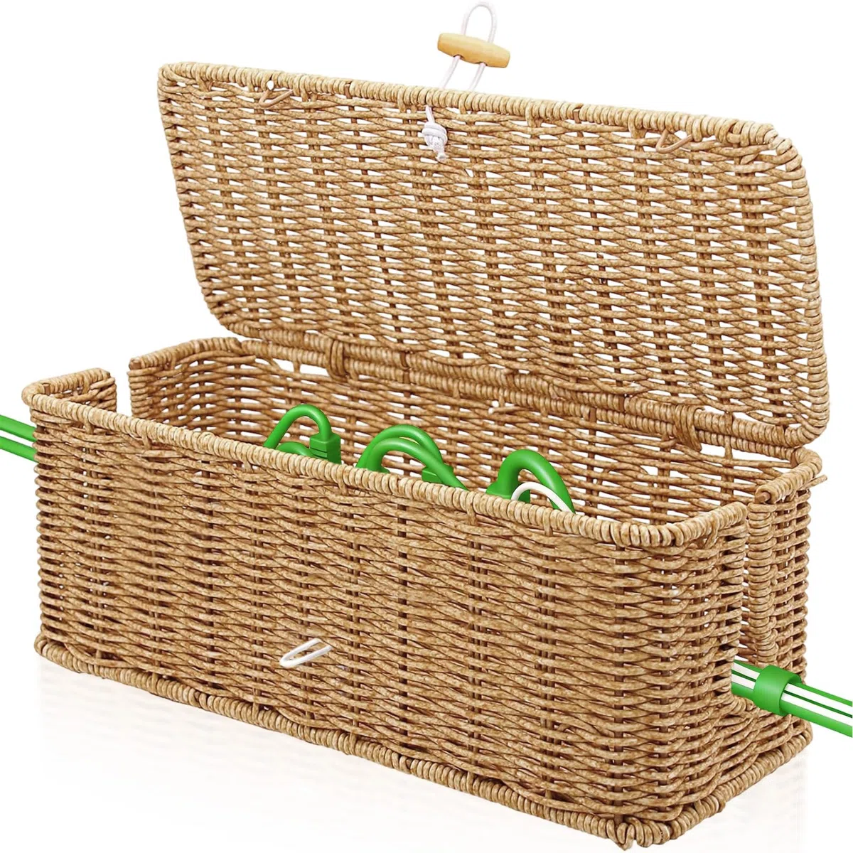 Scatola Portacavi Rattan con Coperchio, Scatola Gestione Contenitore Multipresa Rattan Sintetico, Organizzazione Grovelli Organizer Prolunghe Elettrici Prevenzione Grovigli per Casa Ufficio Scrivania