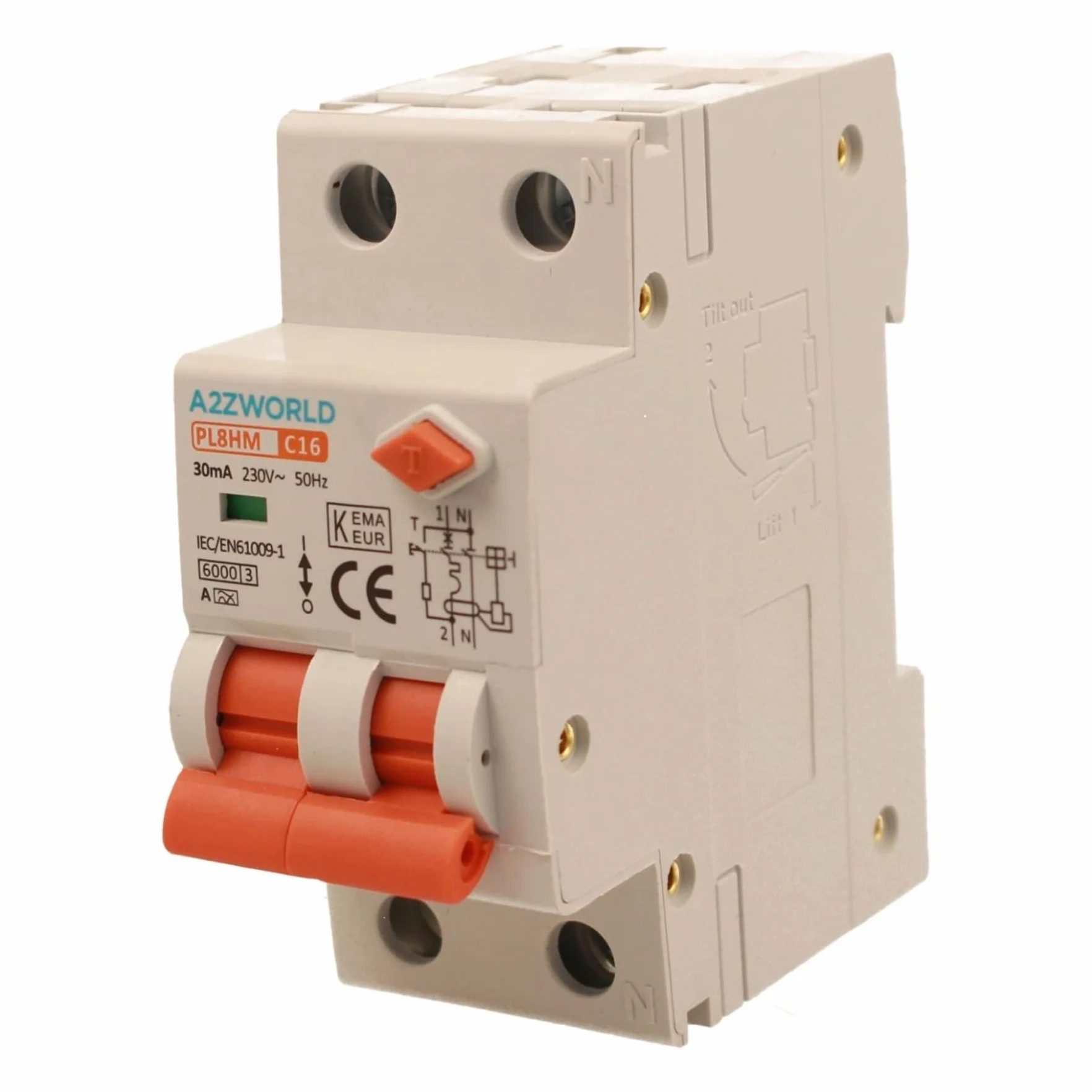 Interruttore Differenziale Magnetotermico Tipo A 16A C16, RCBO 1P+N 6kA 30mA Curva C, Doppio Leva con Diagnostica Visiva, 2 Moduli DIN, Serie PL8HM Elettromagnetica