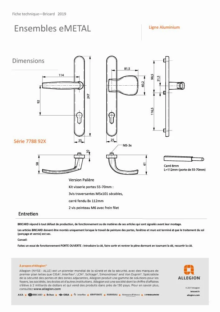 Bricard 7788923. Set di maniglie su piastra Emetal. Cuscinetto cavalletto e pinna per porta d'ingresso (per cilindro europeo). Laccato Nero.