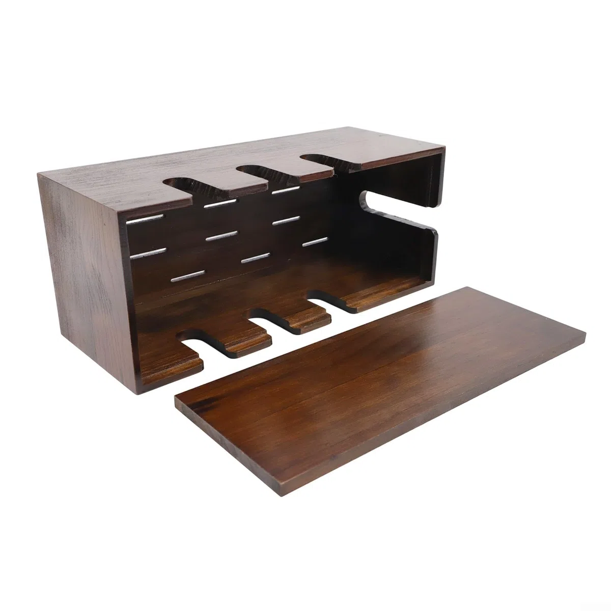 Scatola per la gestione dei cavi in legno massello con scheda plug-in, organizer per cavi e dispositivi, robusto hub di archiviazione in legno per scrivania di casa e ufficio, 31 x 13 x 12 cm (marrone
