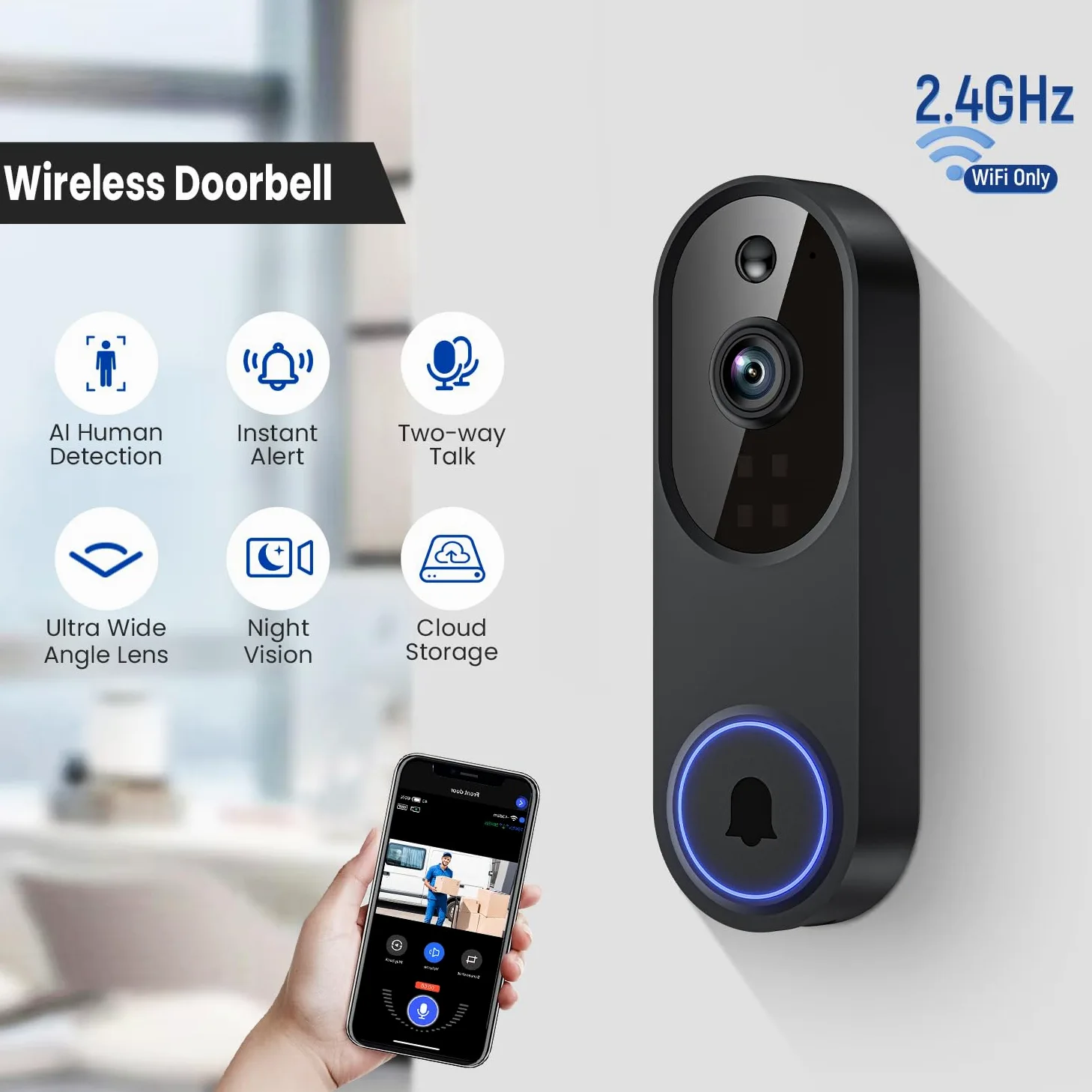 Videocitofono WiFi 1080P senza fili, rilevamento umano tramite intelligenza artificiale, conversazione a 2 vie, Wi-Fi 2,4 G, alimentato a batteria, archiviazione cloud, videosorveglianza