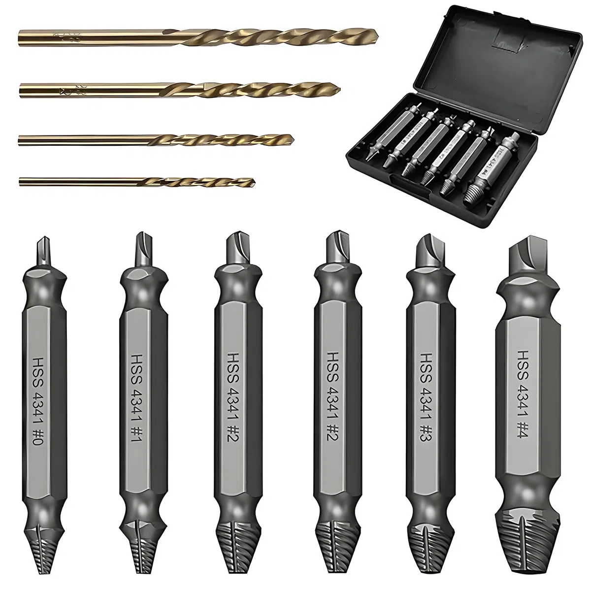 10 PCS Estrattori Viti Danneggiate, Estrattore Viti Spanate con 4 Punte Elicoidali, Dispositivo Di Rimozione Bullone Rotto In Acciaio H.S.S 4341# per Danneggiati, Spellati