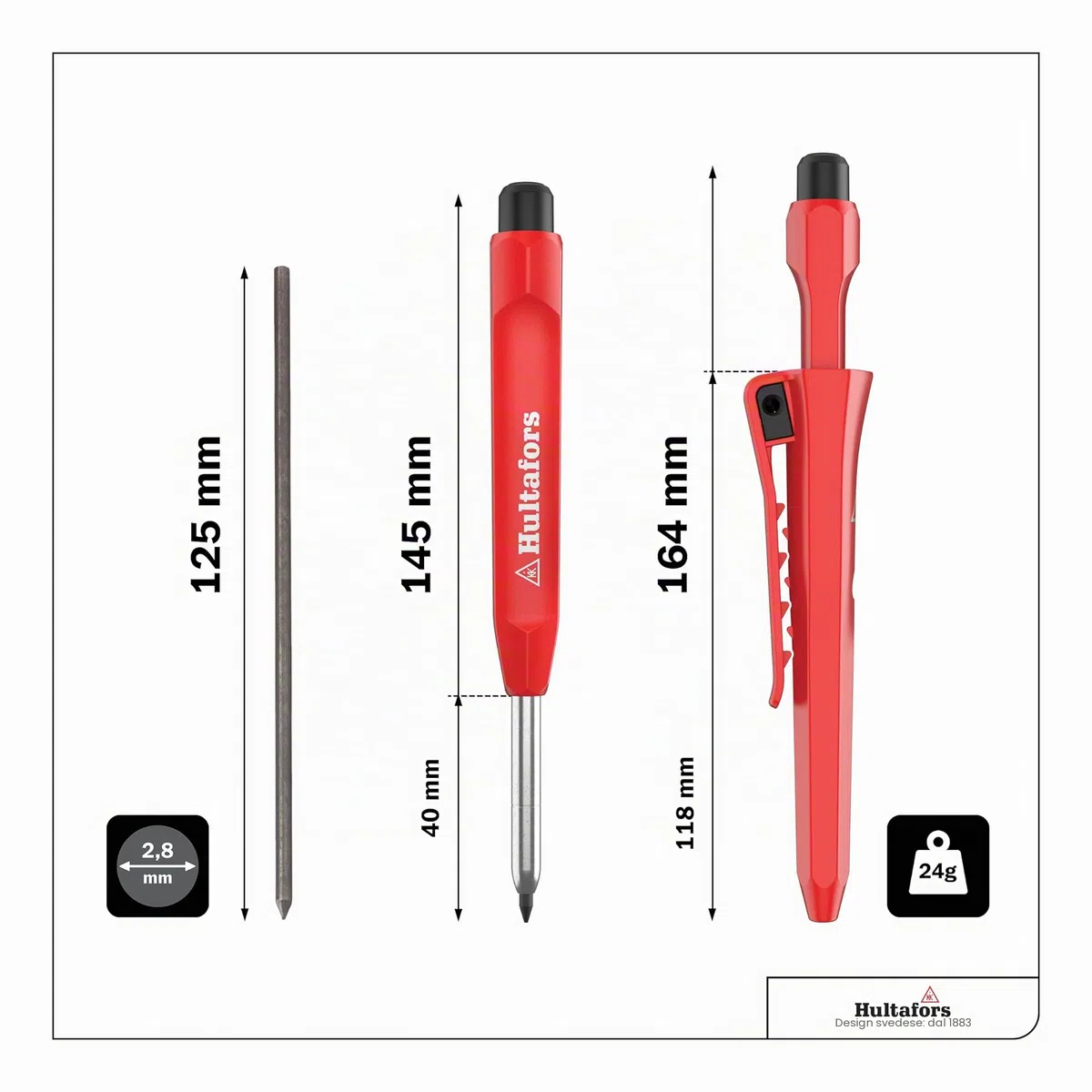 Hultafors Set marcatore di profondità professionale incl. 10 mine di ricambio (rosso, giallo e grafite) e temperino Matita marcatore con fermaglio antiscivolo I Per molti superfici I 650230
