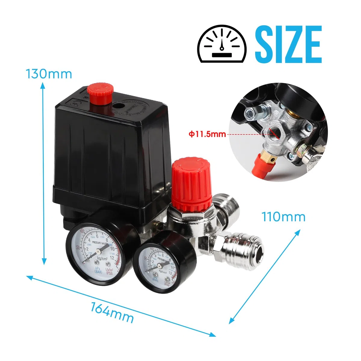 SWAWIS 220V Pressostato Compressore Aria 4 Fori Regolatore di Pressione per Compressore con Manometro Accoppiamenti Valvola di Sicurezza, 90-120PSI Ricambi Compressore Aria