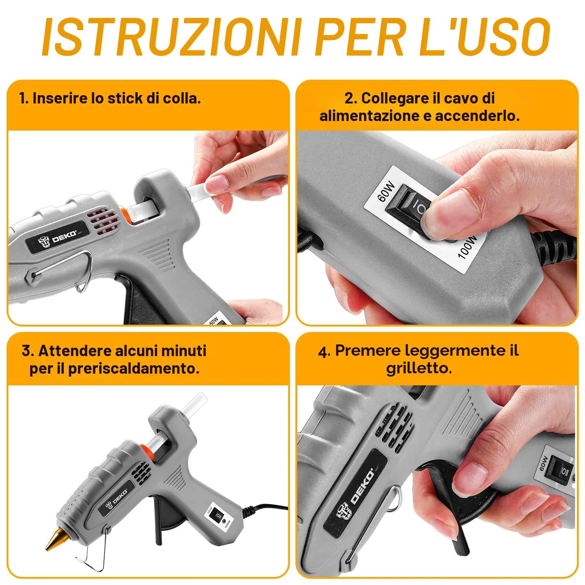 DEKO Pistola Colla a Caldo: 60/100 W Doppio Temperatura Pistola in Silicone con Una Blossa, Pistola Colla Calda con 25 Colla Stick, per Fai da Te, Arte, Scuola, Imballaggi, Riparazioni