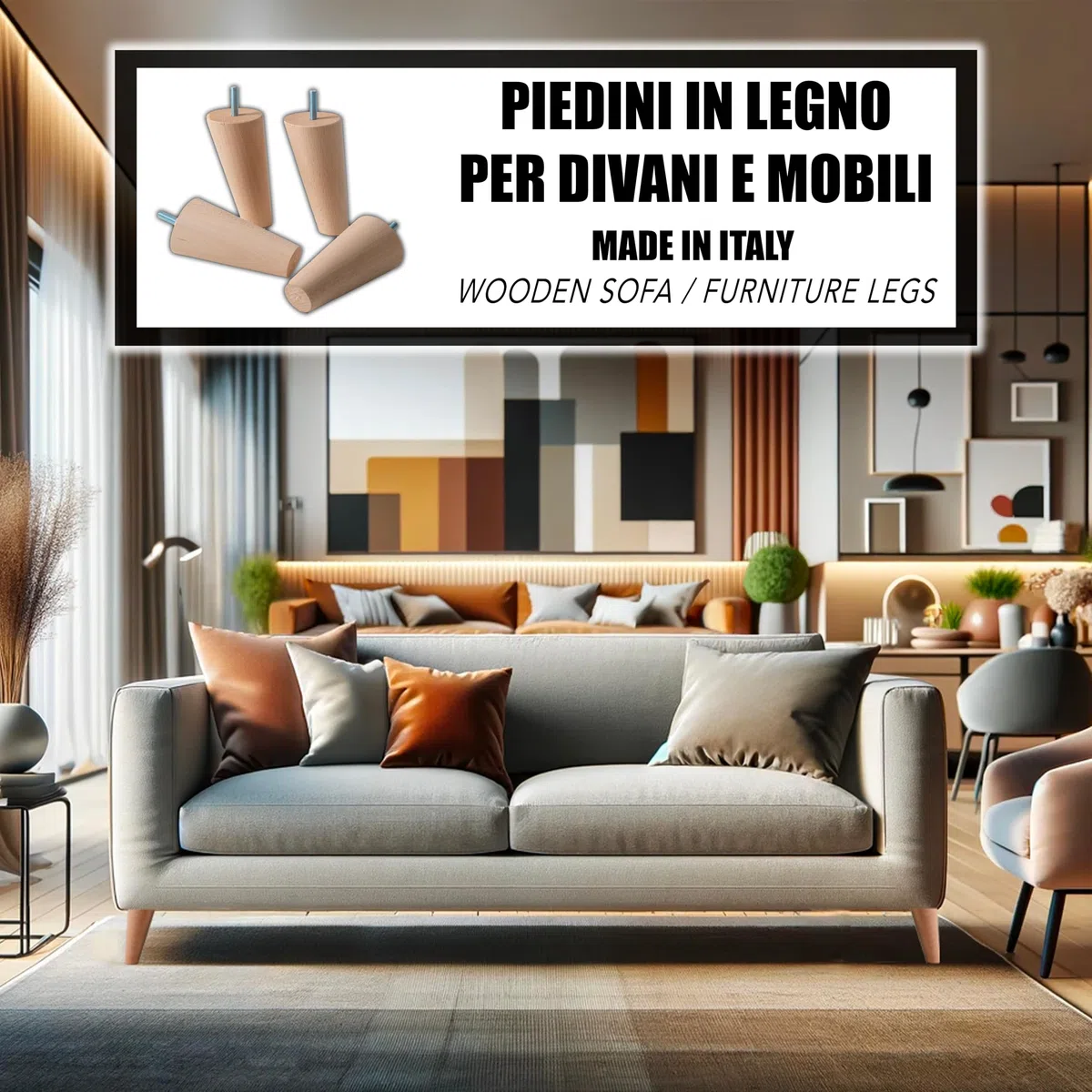 IPEA Piedini per Mobili e Divani alti 12 cm in Legno [Compatibili con Mobili IKEA] – Made in Italy – Inclinati con Forma a Cono – Vite M8 – Set di 4 Gambe per Armadi, Poltrone, Letto – Colore Chiaro