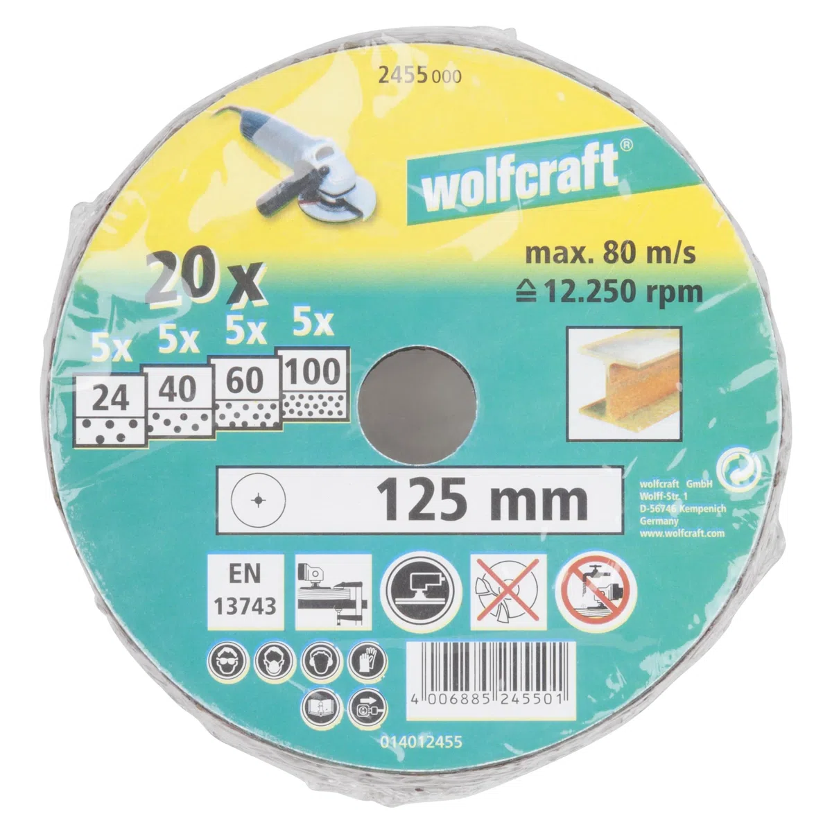 wolfcraft 2455000 20 dischi abrasivi in fibra Ø 125 mm - grana 24, 40, 60, 100 - set da 20 pezzi per la lavorazione dei metalli