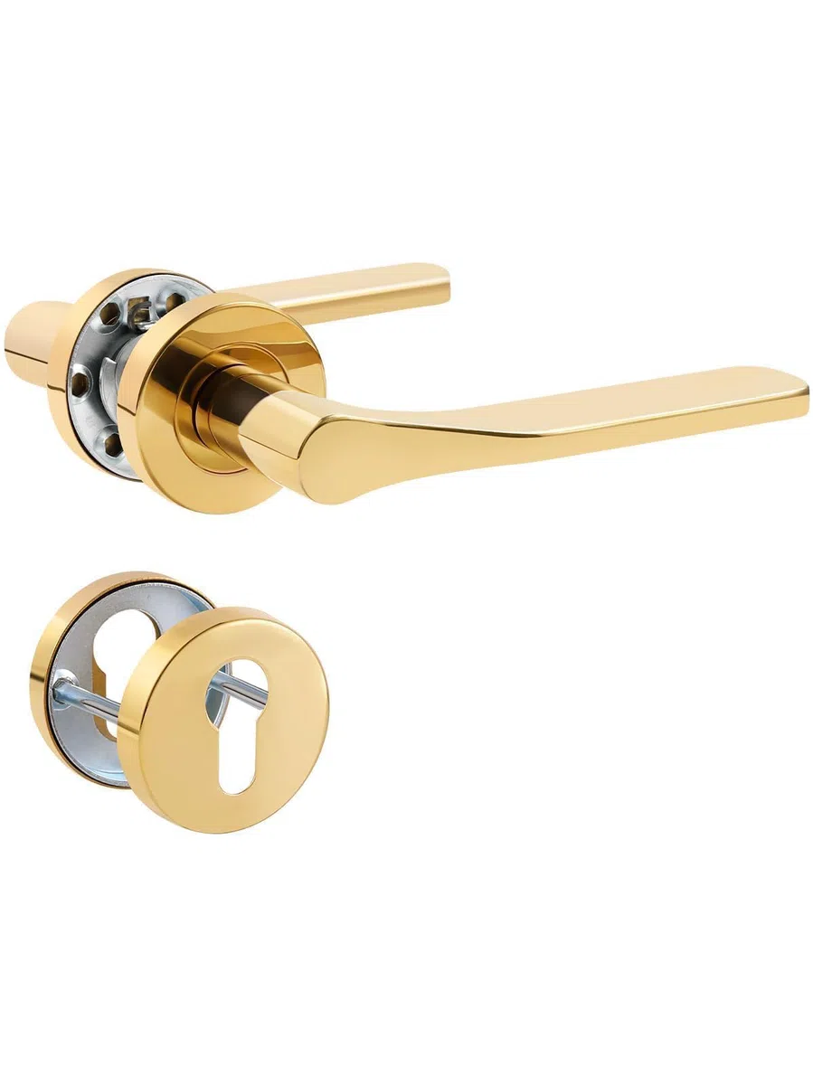Maniglia per porta in acciaio inox spazzolato opaco dorato, set maniglia per porta anteriore e porta interna, forma L, profilo PZ, cilindro, rosetta tonda