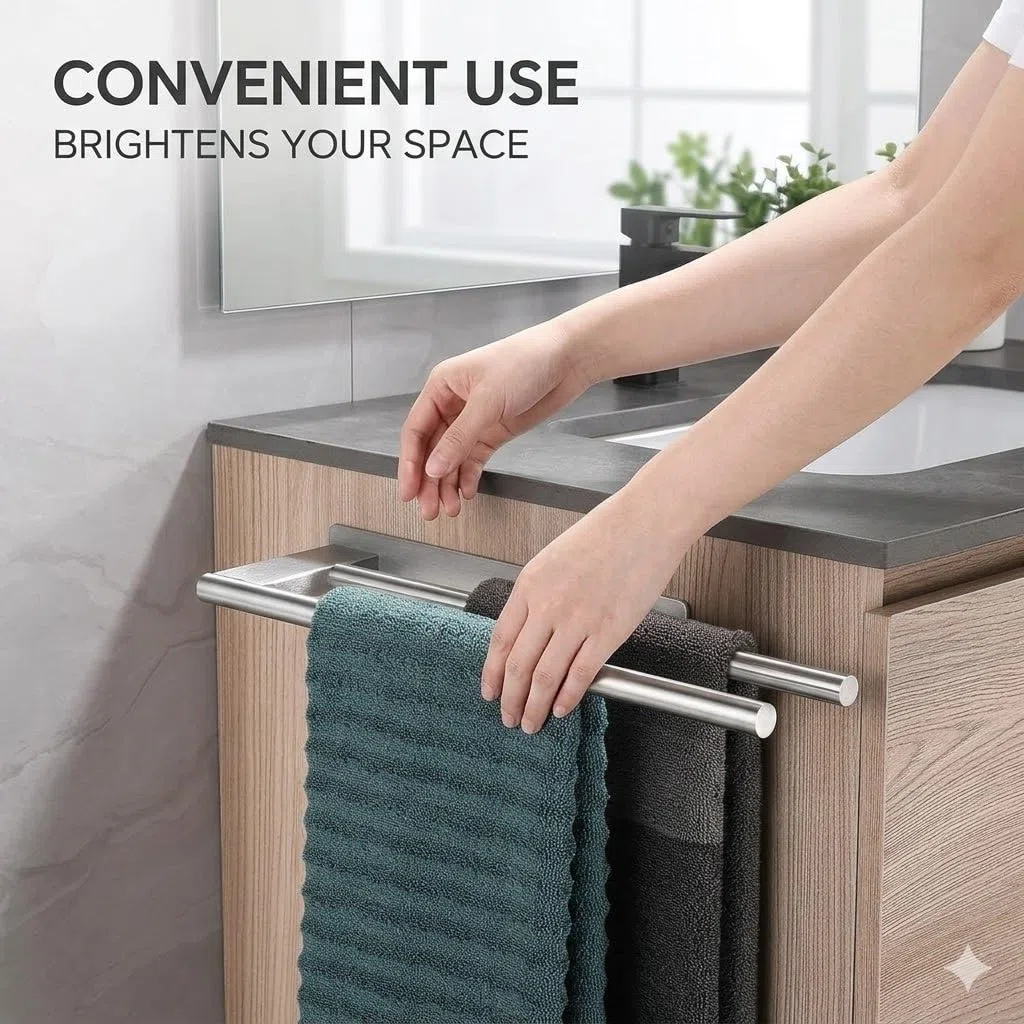 Porta Asciugamani bagno Adesivo Doppio senza Forare, Portasciugamani da Parete in Acciaio Inossidabile Accessori per Bagno e Cucina, Supporto Appendi Asciugamani 2 Bracci 39 cm (Argento)