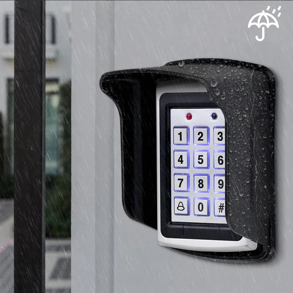 Sistema di controllo accessi RFID da 125 KHz con lettore di tastiera in metallo + copertura impermeabile + 10 portachiavi blu, supporta 1000 utenti, adatto per garage, uffici e porte di