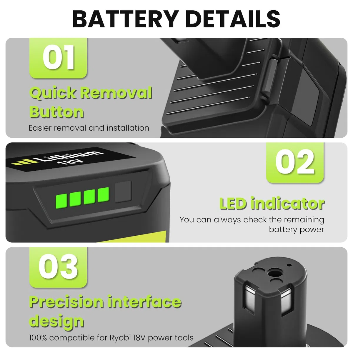 Batteria 18V 5,5Ah sostitutiva batteria per Ryobi 18V P108 Compatibile per Ryobi RB18L50 RB18L40 RB18L25 BPL-1815 BPL-1820G BPL18151 BPL1820 P104 P105 P107 (grigio)