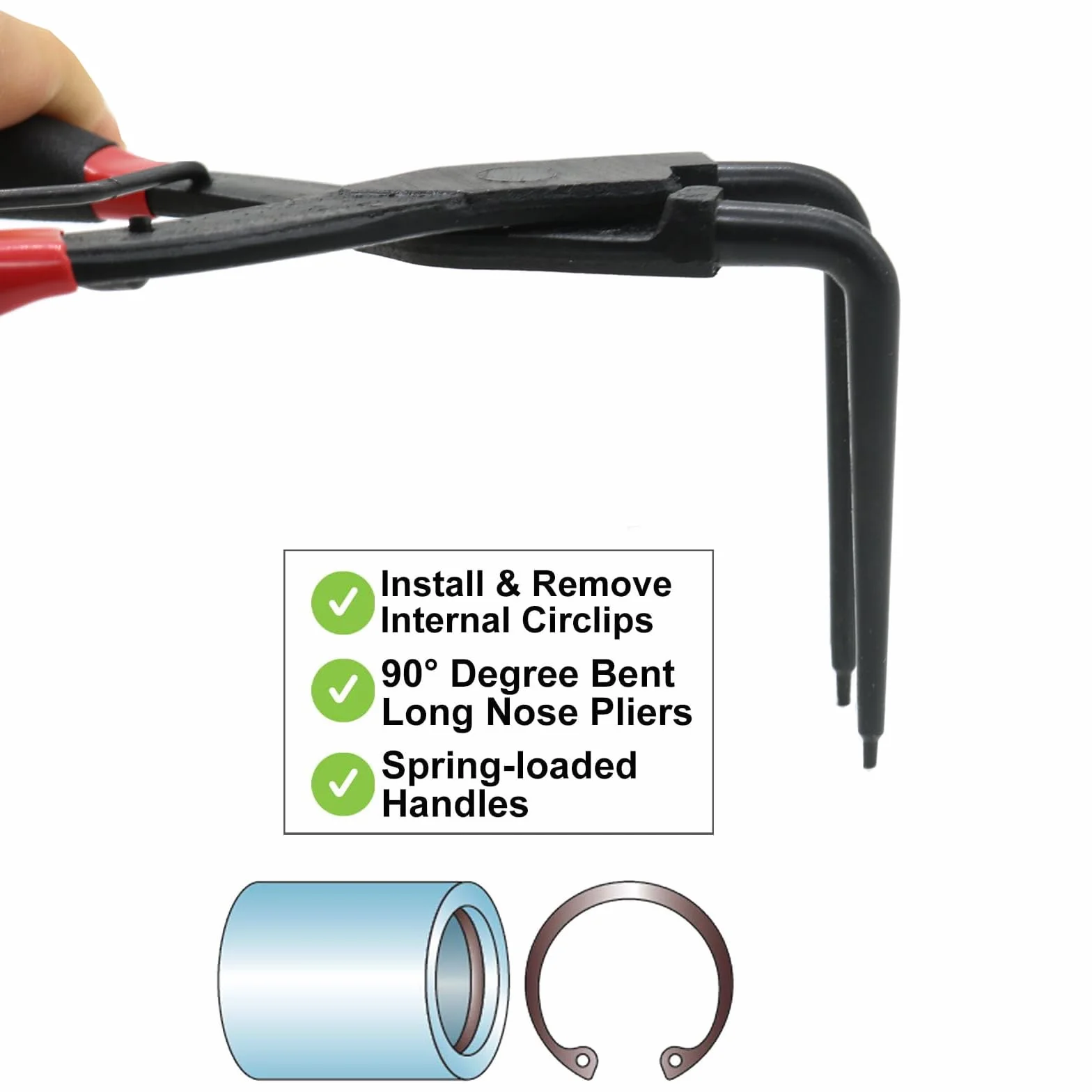 Pinze per anelli di sicurezza lunghe da 190 mm curvate a 90 gradi, cilindro interno principale per anelli di sicurezza interni, per camion, moto, auto