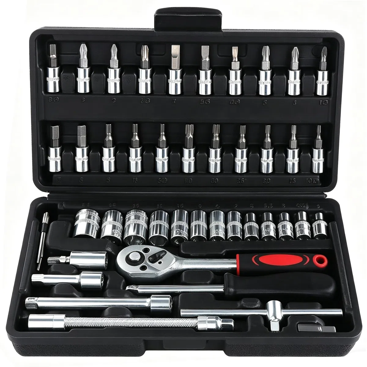 46PCS Set di chiavi a bussola,kit di strumenti a cricchetto per chiavi a bussola ad azionamento metrico, bit di cacciavite strumento di riparazione autoveicoli 1/4 di pollice (nero)