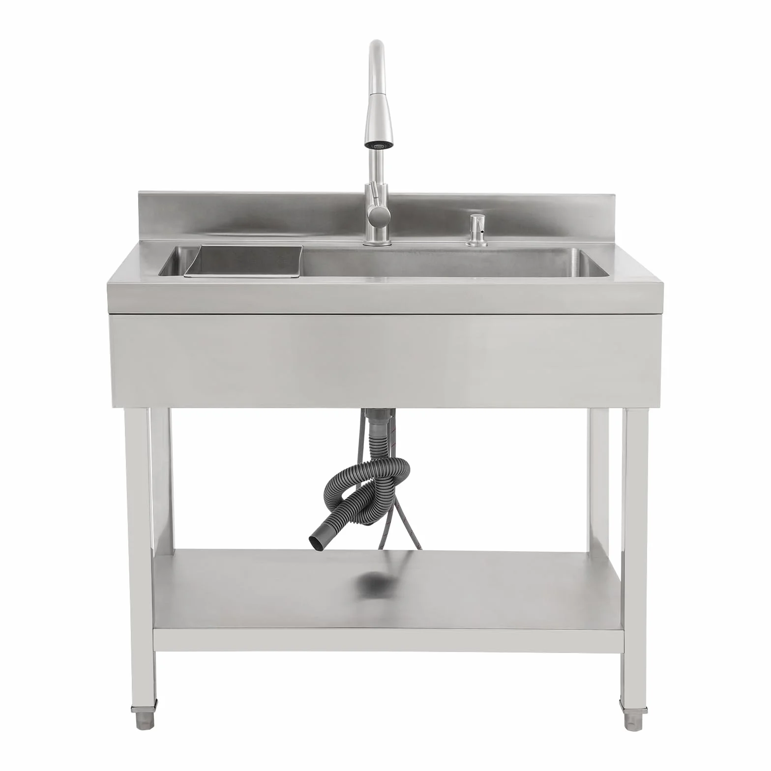 Lavello autoportante in acciaio inox con rubinetto estraibile, per casa, garage, giardino, molto resistente, con scolapiatti e angolo rotondo, facile da montare (argento 90 x 60 x 80 cm)