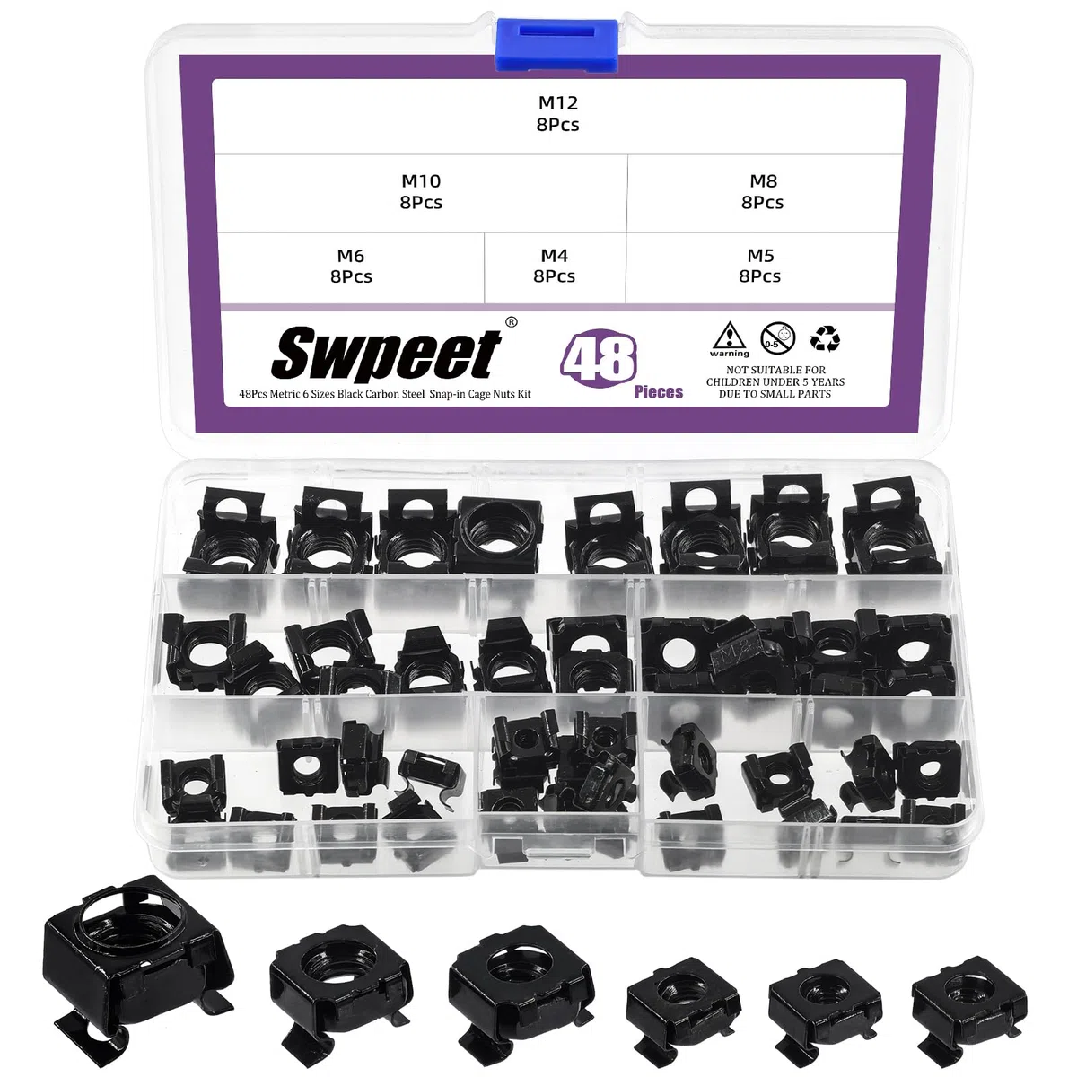 Swpeet 48 dadi a gabbia in acciaio al carbonio zincati neri, M4, M5, M6, M8, M10, M12, dadi a gabbia quadrati, dadi di fissaggio per guide su rack, per scaffali server, armadi e scaffali, dadi a clip
