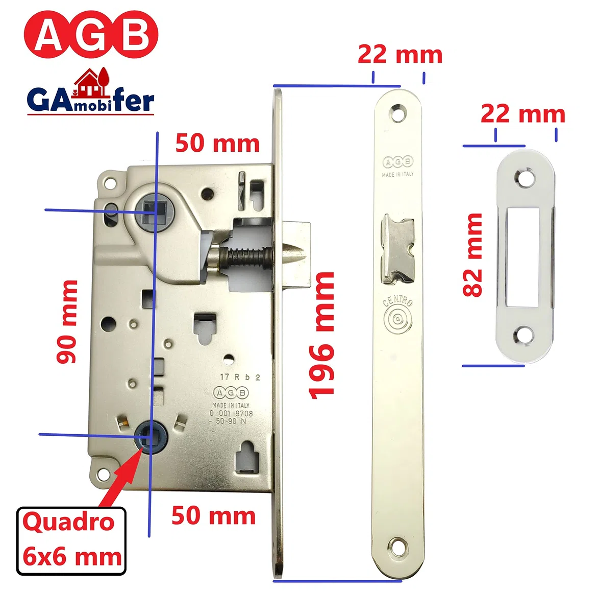 Serratura AGB Porta Interna a Incasso per Bagno WC serie CENTRO (FRONTE 22x196, SCROCCO, NICHELATO LUCIDO)