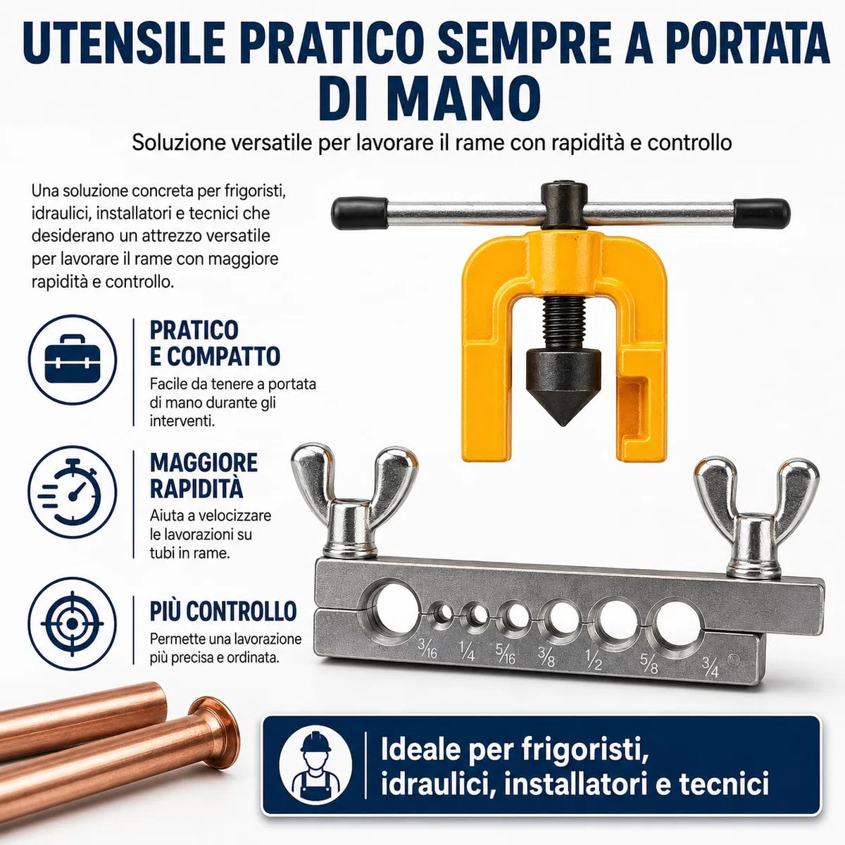 Topolenashop Macchina Cartellatrice Svasatrice Pagliettatrice per Tubi in Rame – Misure 3/16"-5/8", Attrezzo per Idraulica, Condizionamento e Refrigerazione