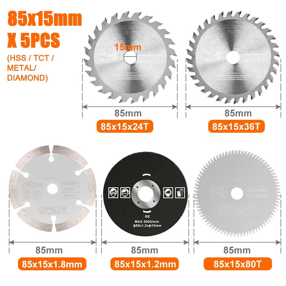 Set di 5 lame per sega circolare da 85 mm, mini accessori per seghe circolari HSS/TCT, lama da taglio diamantata, lame circolari per legno/metallo/plastica, diametro interno 15 mm