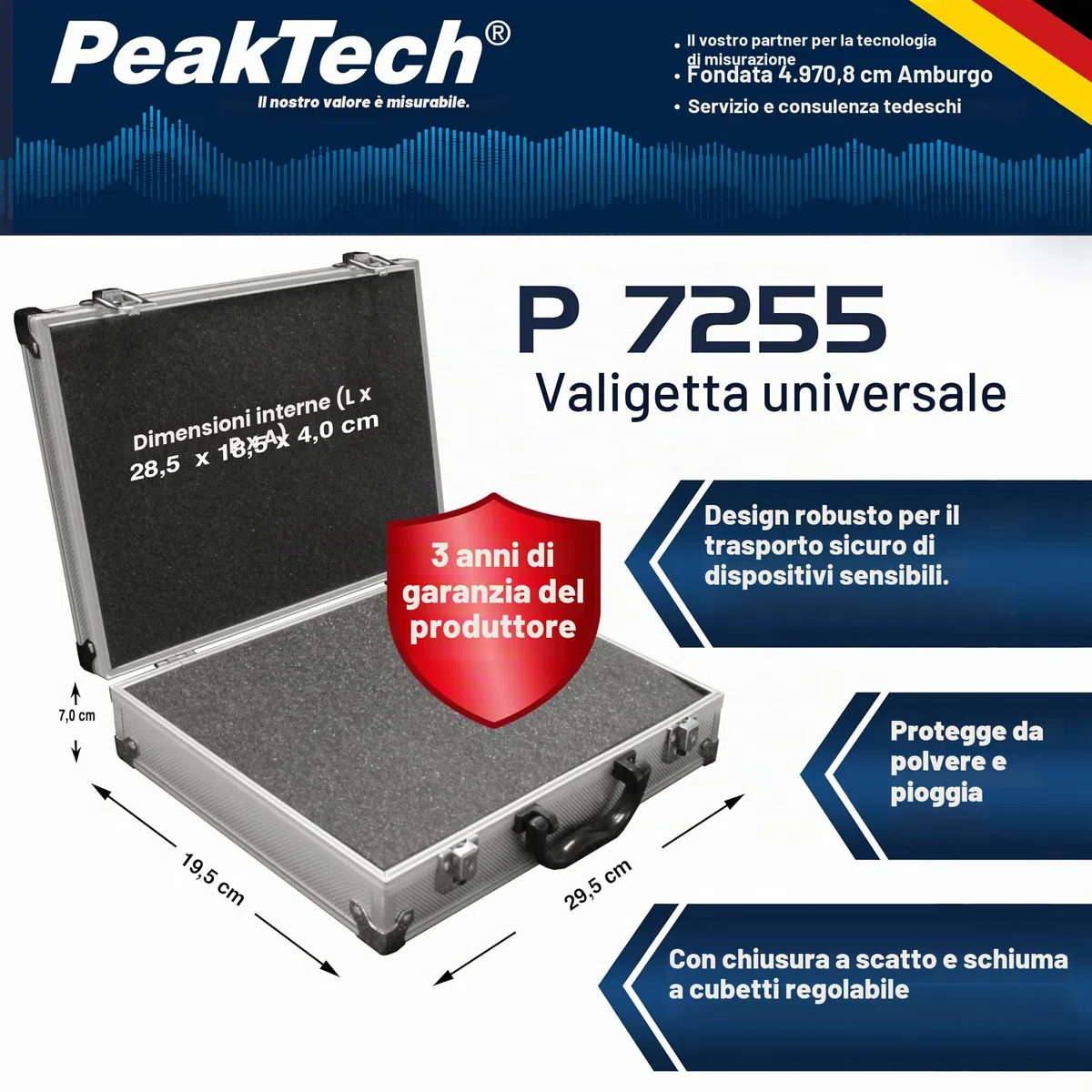 Peaktech 7255 - Custodia Universale per Strumenti di Misura, Custodia in Alluminio Resistente, Vano Porta Attrezzi, Imbottitura in Schiuma, con Lucchetto, Antipolvere, M - 295 x 195 x 70 mm