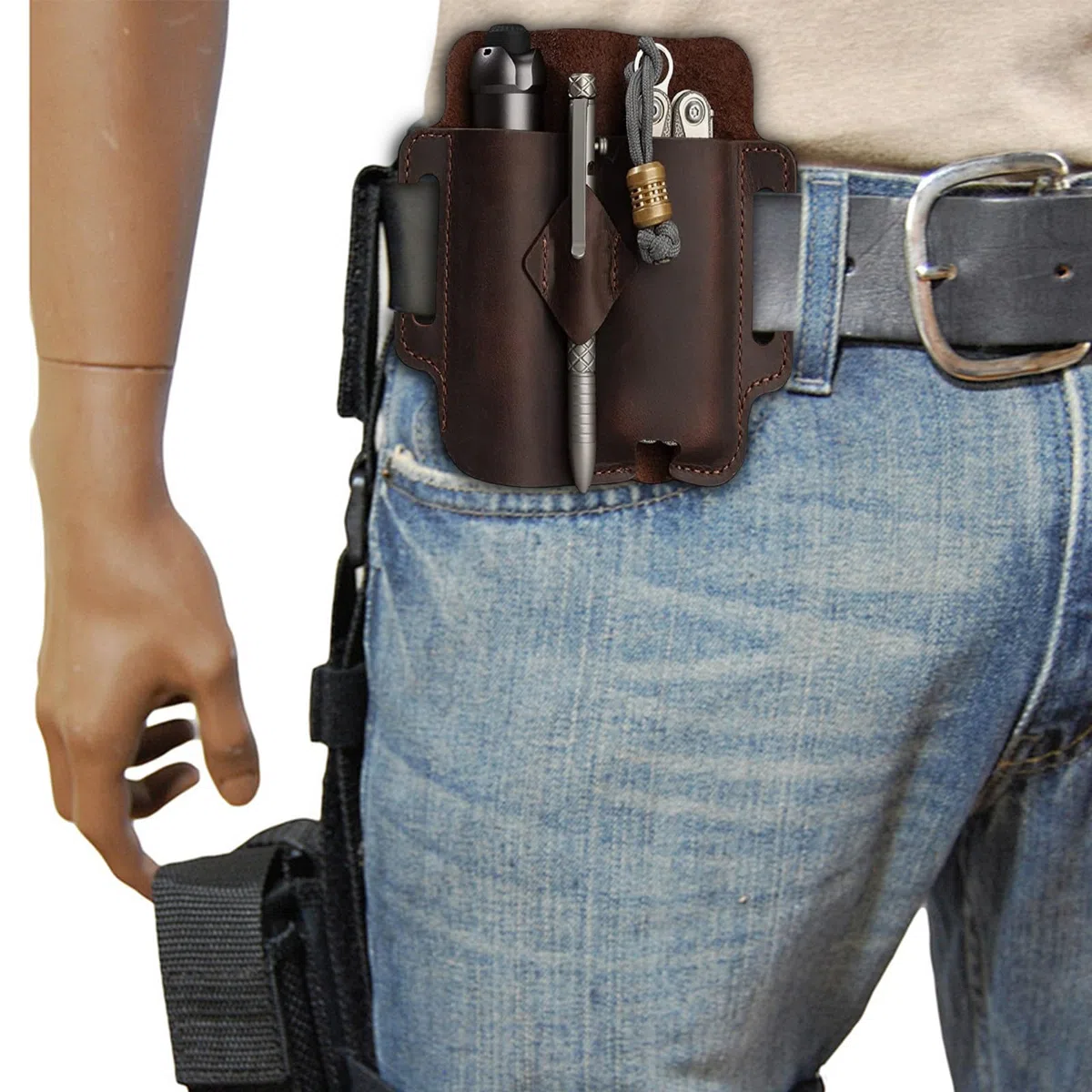 Borsa porta attrezzi in pelle, fondina per coltelli, borsa da cintura per uomo, organizer tascabile in pelle EDC da uomo con portapenne, guaina per torcia, guaina per torcia elettrica