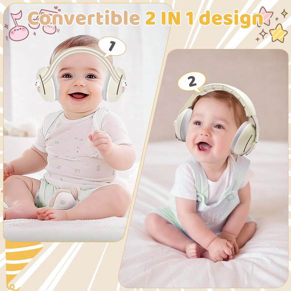 Cuffie antirumore per bambini, Cuffie Antirumore Neonati 2 in 1, Protezione Uditiva -25dB per Neonati e Bambini 0-48 Mesi, Fasce Regolabili e Confortevoli per Sonno, Aereo, Feste