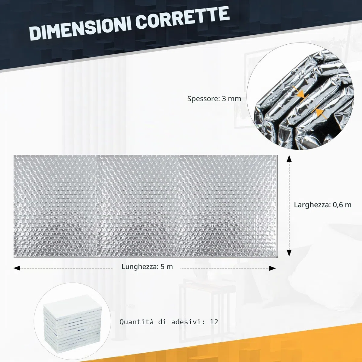 Foglio Riflettore Radiatore - Pannelli Riflettori Radiatore per Casa 5m x 60cm, 3mm Spessore Foglio Termoriflettente Isolante Termoriflettente con Cuscinetto Adesivo, Foglio Radiatore a Bolle