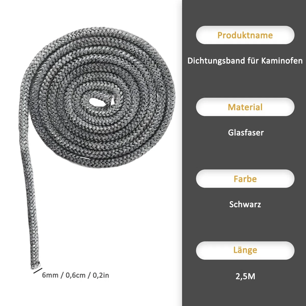 Guarnizione Stufa a Legna, Stufa a Legna in Fibra di Vetro, 6mm x 2,5m, Linea di Tenuta per Porte di Caminetti