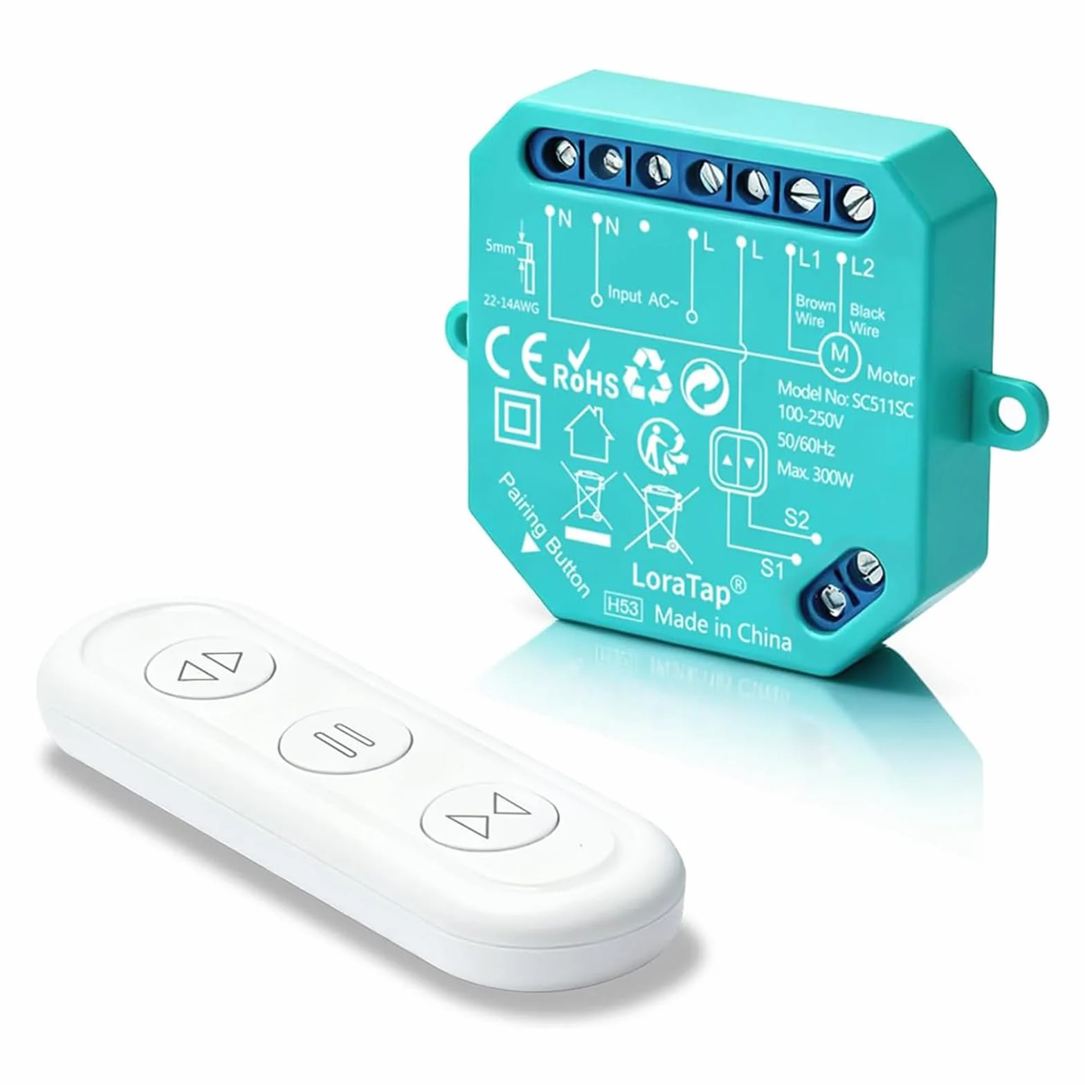 LoraTap Interruttore per Tapparelle a Radiofrequenza (RF), Modulo Wireless con Telecomando, Funziona con Interruttore Tradizionale, Relè 300W per Persiane e Tende Elettriche, Senza Wi-Fi