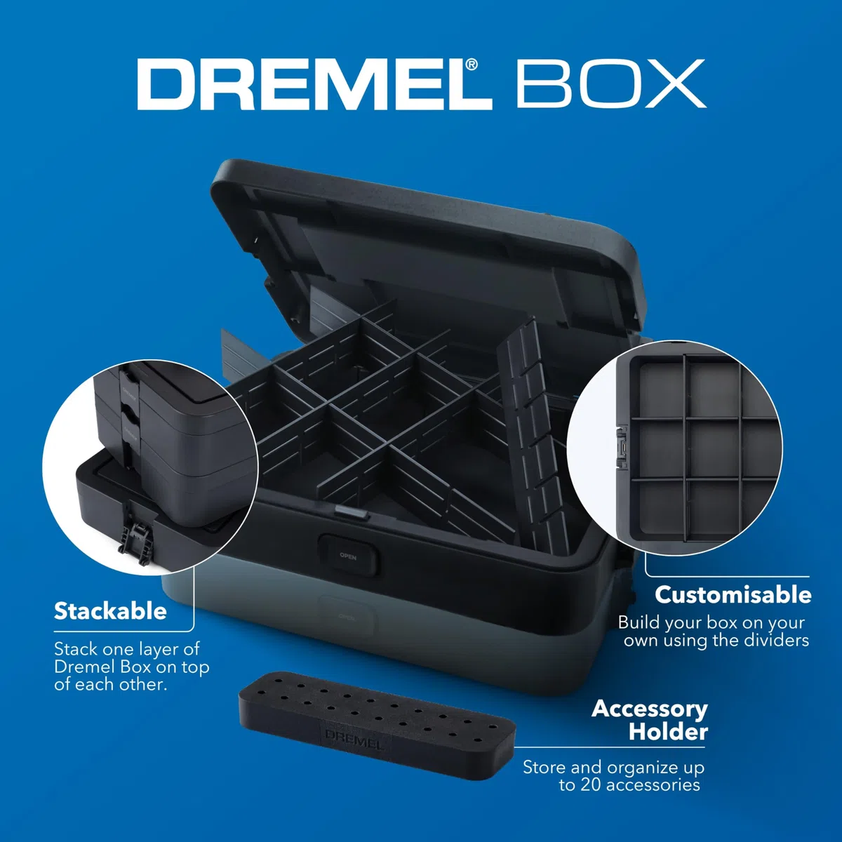 Dremel Black Box Porta Utensili con 6 divisori, supporto accessori organizer fai-da-te personalizzabile per accessori per utensili rotativi, piccoli utensili sistema di stoccaggio compatto, impilabile