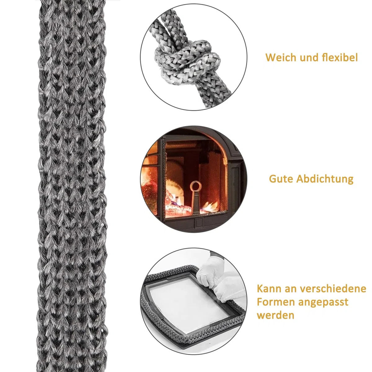Guarnizione Stufa a Legna, Stufa a Legna in Fibra di Vetro, 6mm x 2,5m, con 4 Nastro per Giunti, Linea di Tenuta per Porte di Caminetti