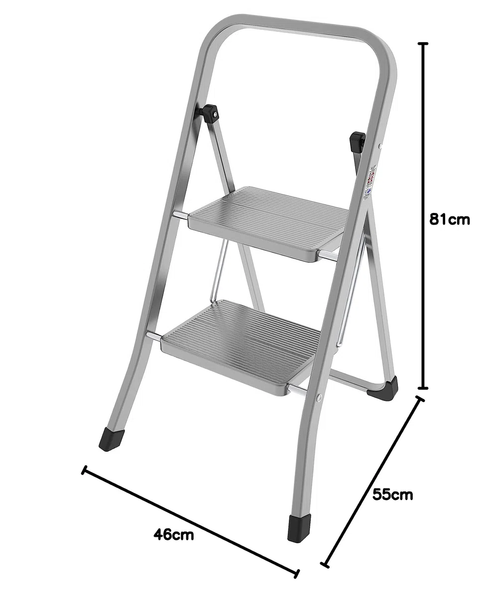 Colombo Scaletta 2 Gradini in Acciaio STABILO – Pieghevole, Compatta e Leggera, Gradini Larghi Antiscivolo 30x20 cm, Stabile e Sicura per Casa e Cucina