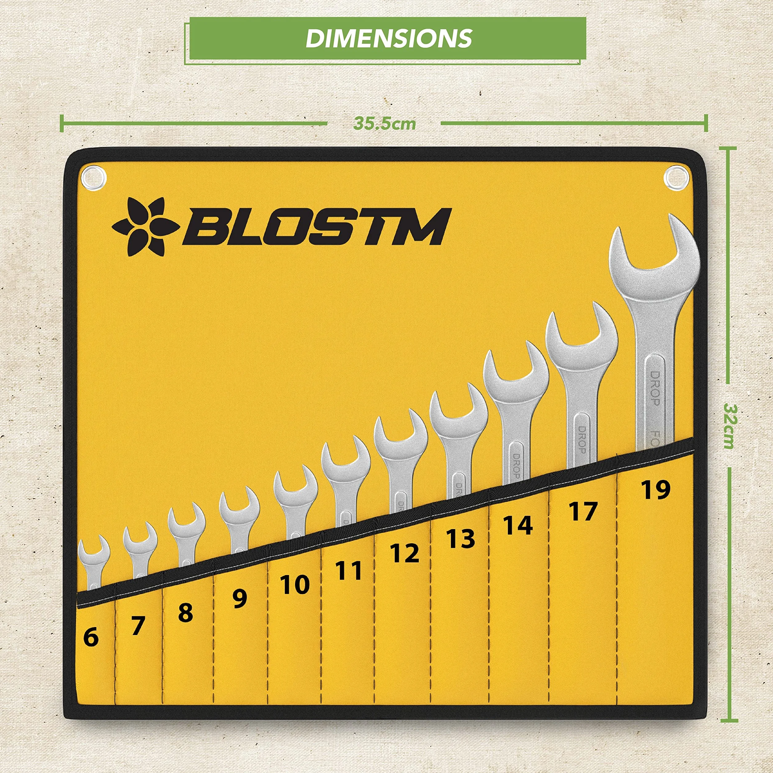 BLOSTM Set di Chiavi Combinate - Set di Chiavi 11 Pezzi (6 mm-19 mm), Cromate, Set di Chiavi Metriche a Doppia Estremità Forgiate a Goccia Include Custodia Arrotolabile - 11 PZ