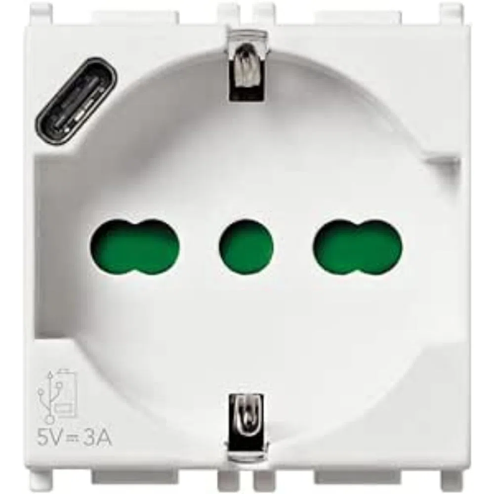 Vimar 14210.USB Plana presa 2 moduli SICURY 2P+T 16 A 250 V universale standard italiano P40 e uscita USB tipo C 5V e 3 A per la ricarica rapida, bianco