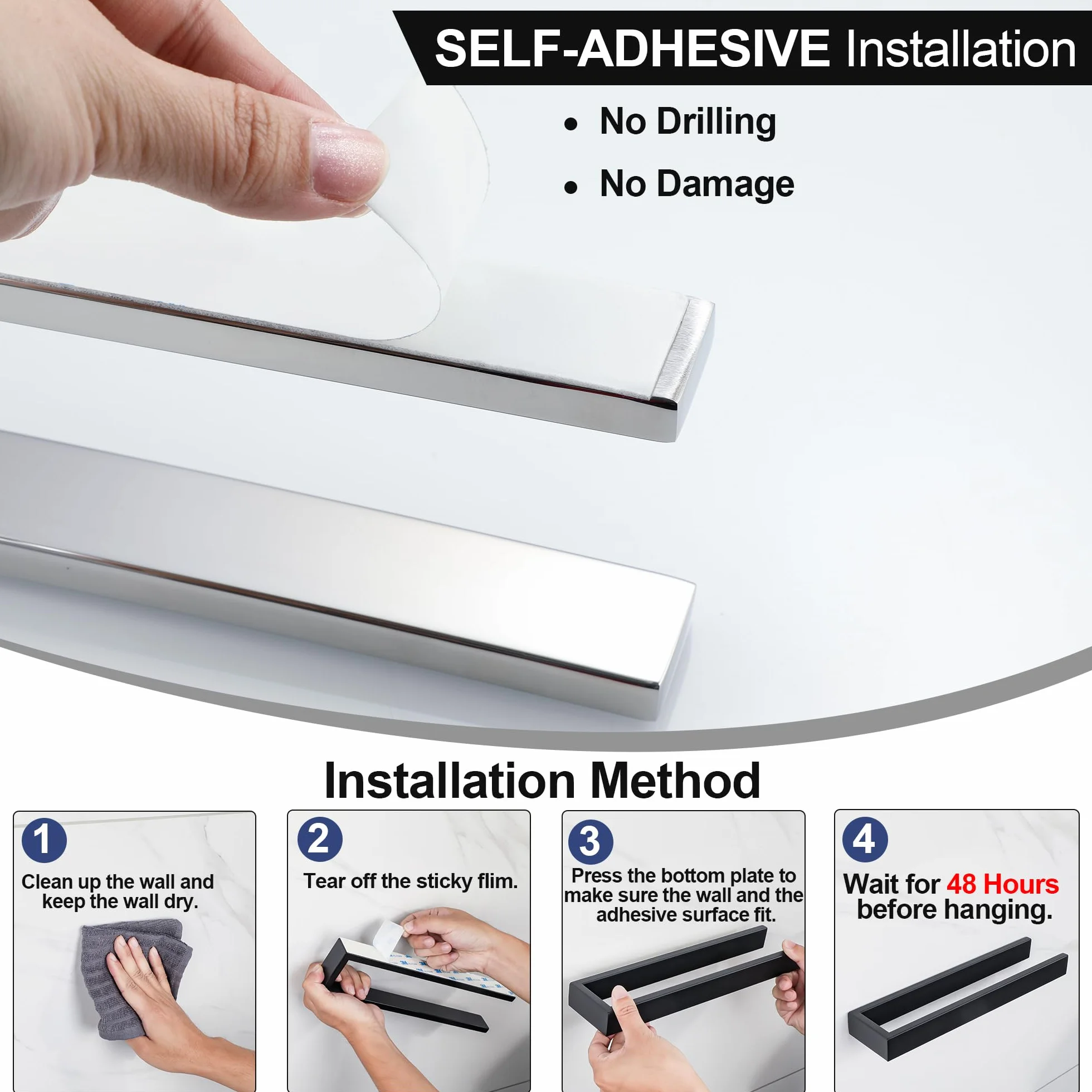 SAYAYO Porta Asciugamani Autoadesivo Porta Asciugamano Bagno Cromo Lucido, Porta Asciugamani Bidet 30CM, Anello Porta salviette Acciaio Inossidabile SUS304 per Bagno e Cucina, Senza Foratura