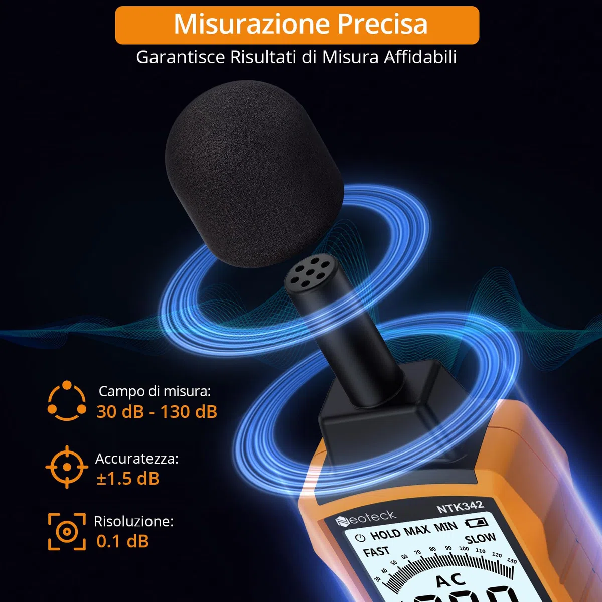 Neoteck Fonometro Digitale Portatile 30–130dB Sonometro Digitale Portatile con Ponderazione A/C, Display LCD Retroilluminato, Funzione Data Hold Misuratore Rumore per Casa, Ufficio, Ambiente di Lavoro