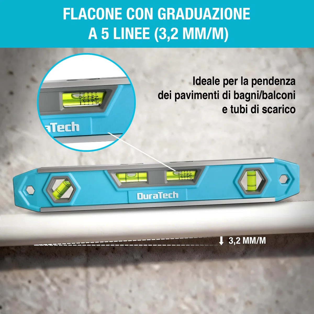 DURATECH Livella Torpedo Magnetica 300 mm con 4 Fiale ad Alta Visibilità – Angoli 45/0 / Pendenza a 5 Linee / 90 Gradi, Corpo in Lega di Alluminio, Base Magnetica Potente