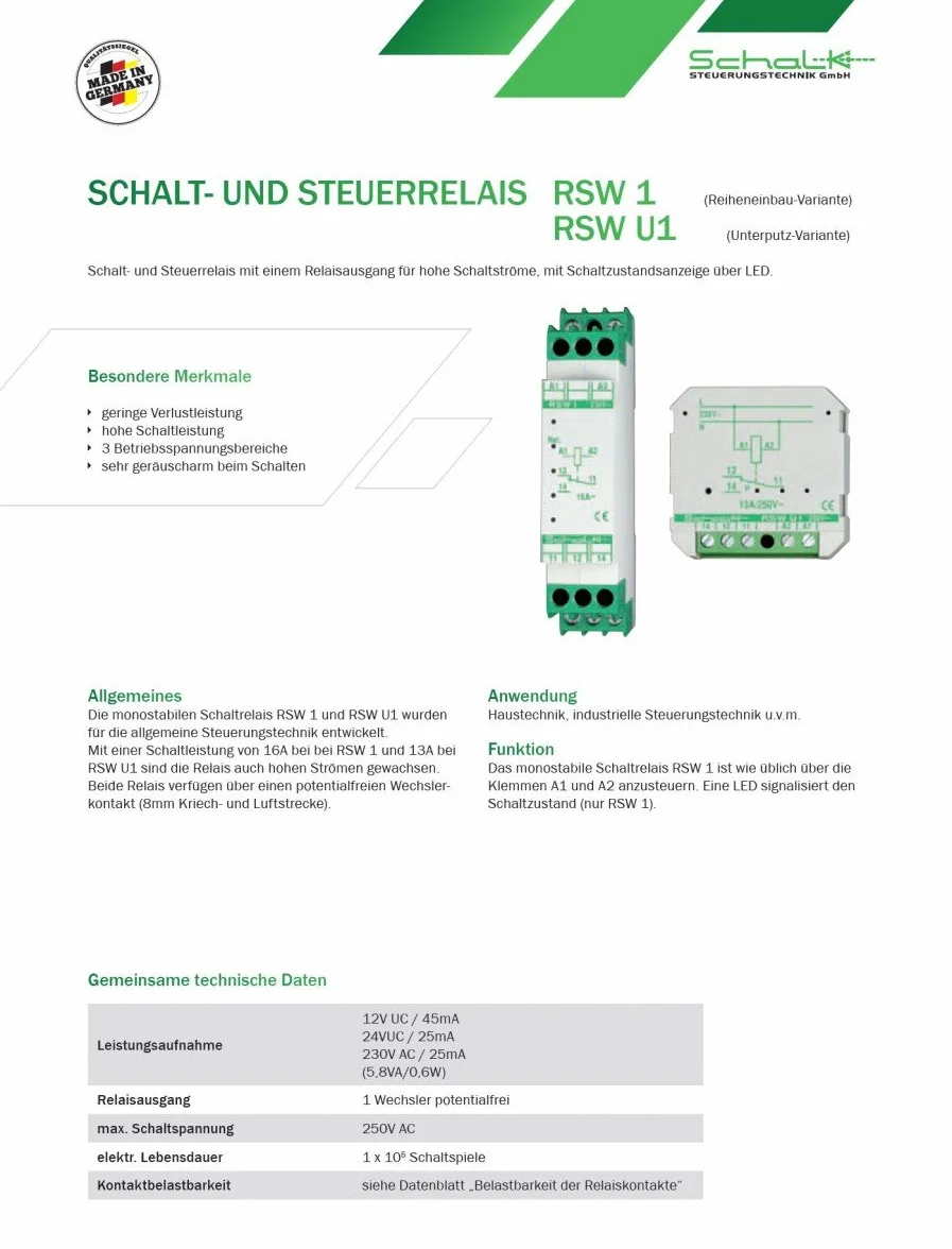 Relè di commutazione 230 V AC, 1 cambio (UP) SCHALK RSW U1 (230 V AC)
